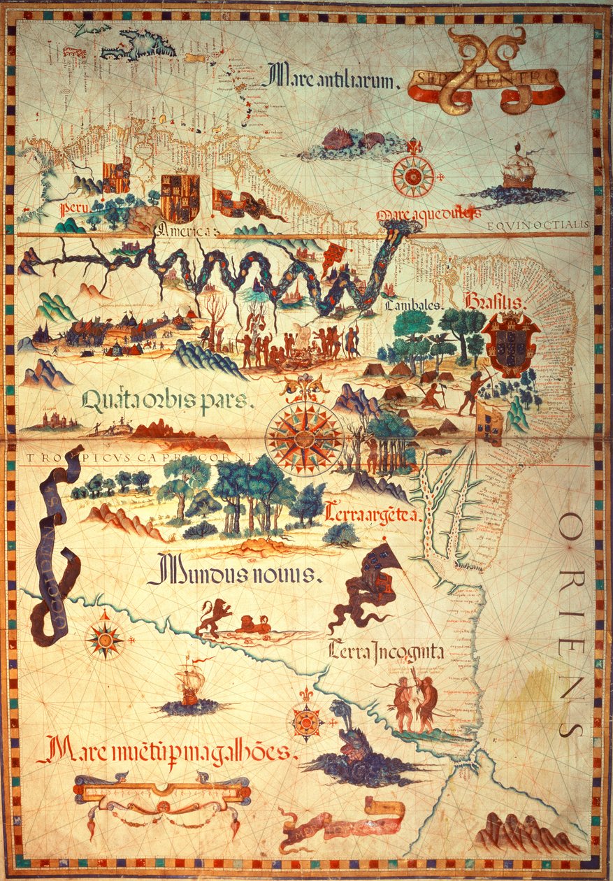 Lägg till 5415A f.23v-24 Atlas av Diego Homem från Sydamerika, som visar indianer i deras bosättningar, spanska expeditionsstyrkans läger och män i rustningar, ca 1558 av Diego Homem