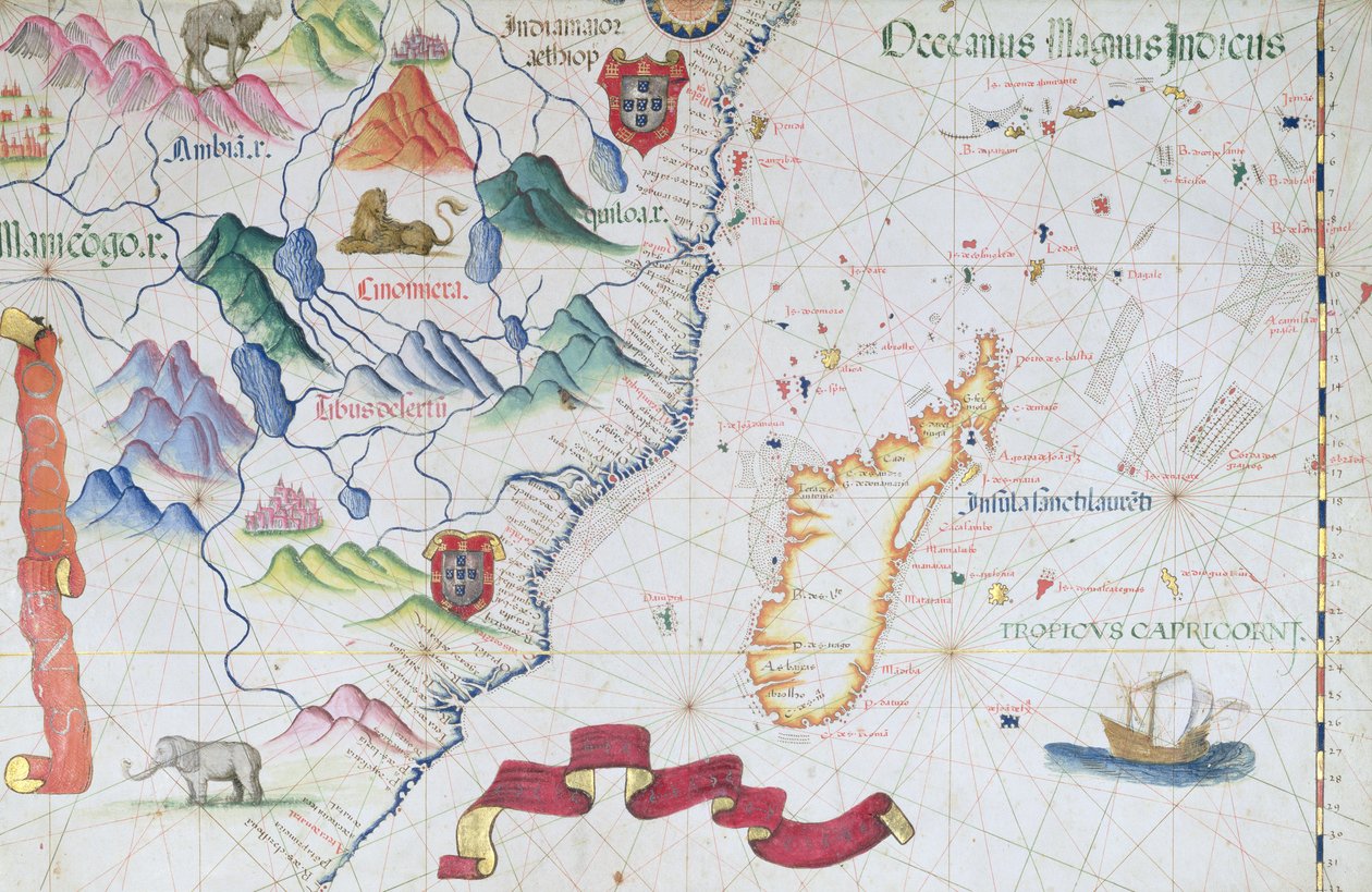 Madagaskar och östafrikanska kustlinjen, detalj från en världsatlas, 1565 av Diego Homem