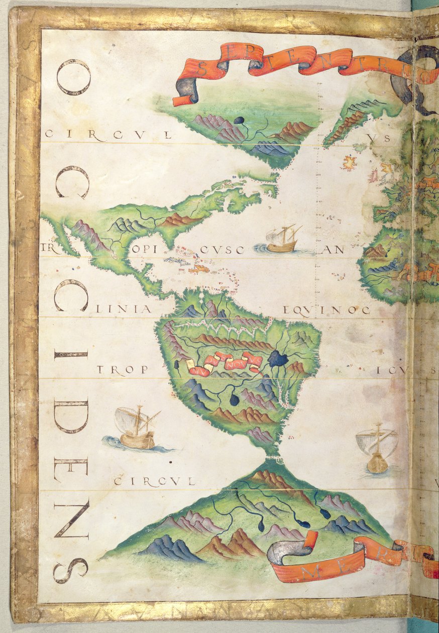 Amerika, detalj från världsatlas, 1565 (vellum) av Diego Homem