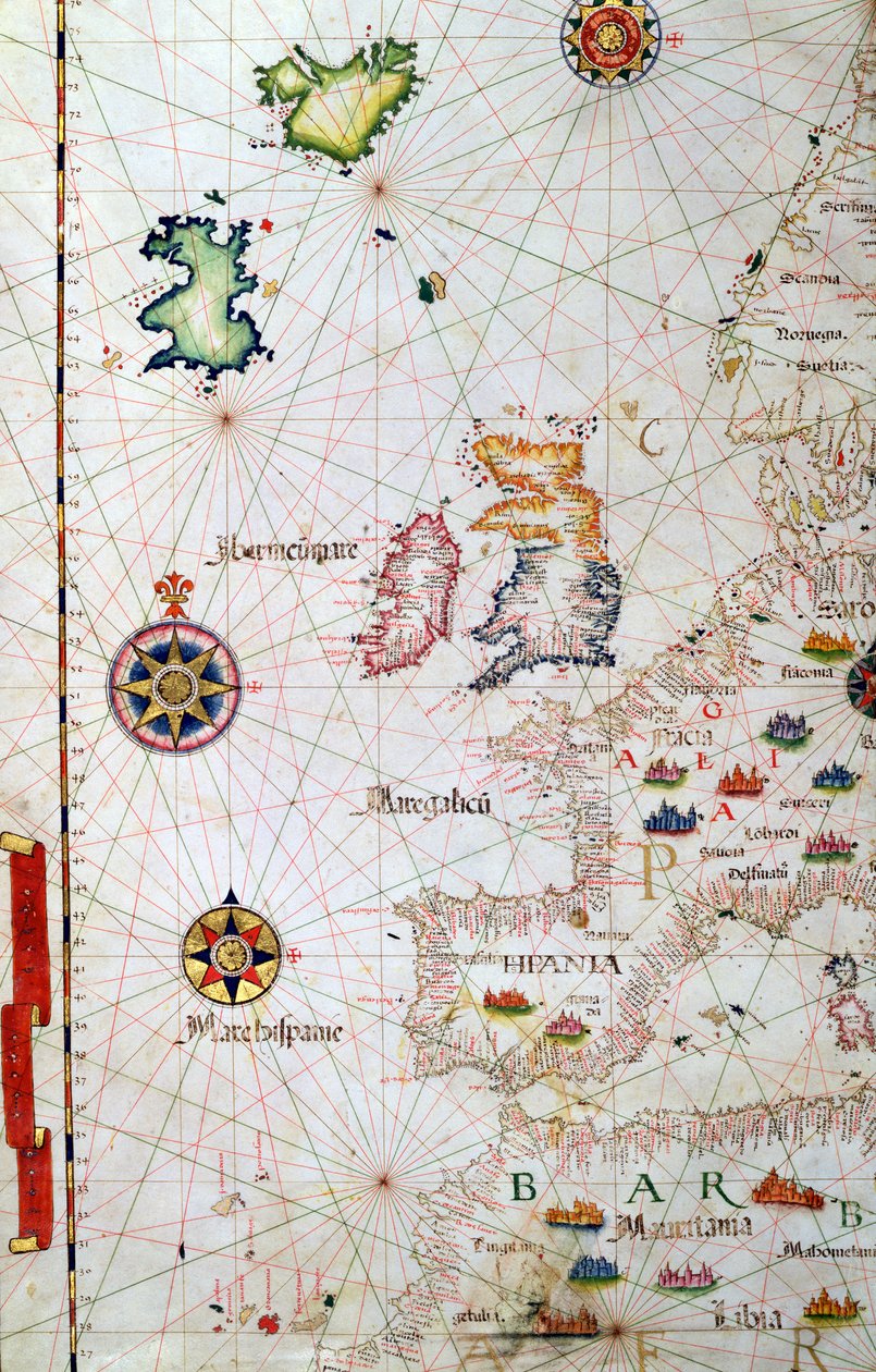 De brittiska öarna, Iberien och nordvästra Afrika, detalj från en världsatlas, 1565 av Diego Homem
