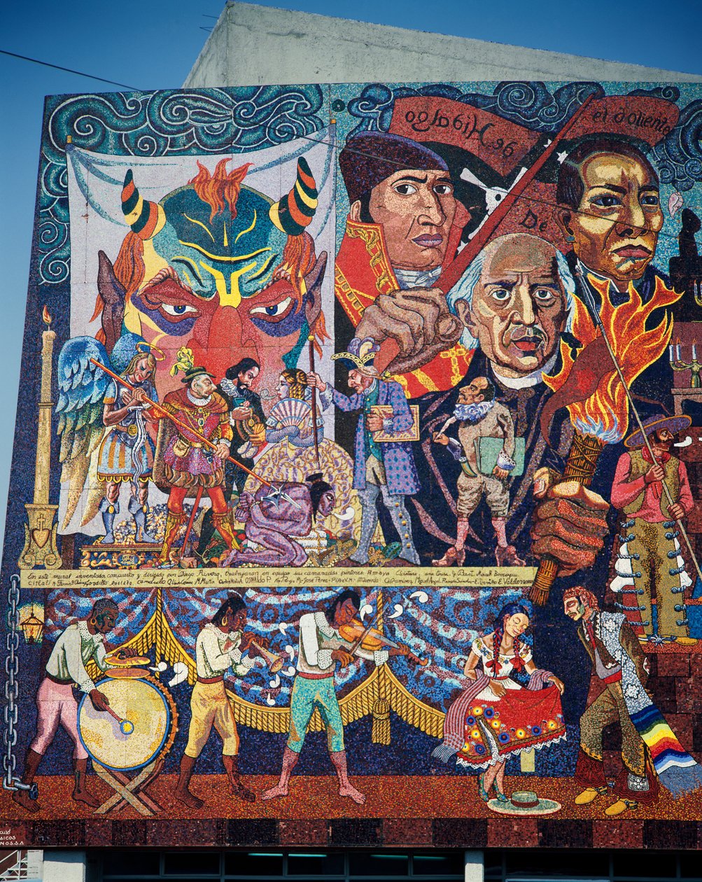 Hidalgo, Morelos och Juarez, hjältar i kampen för självständighet, detalj från mosaikmålningen på fasaden till Upprorsmännens teater, Mexico City. Mexiko, 1900-talet. av Diego Rivera