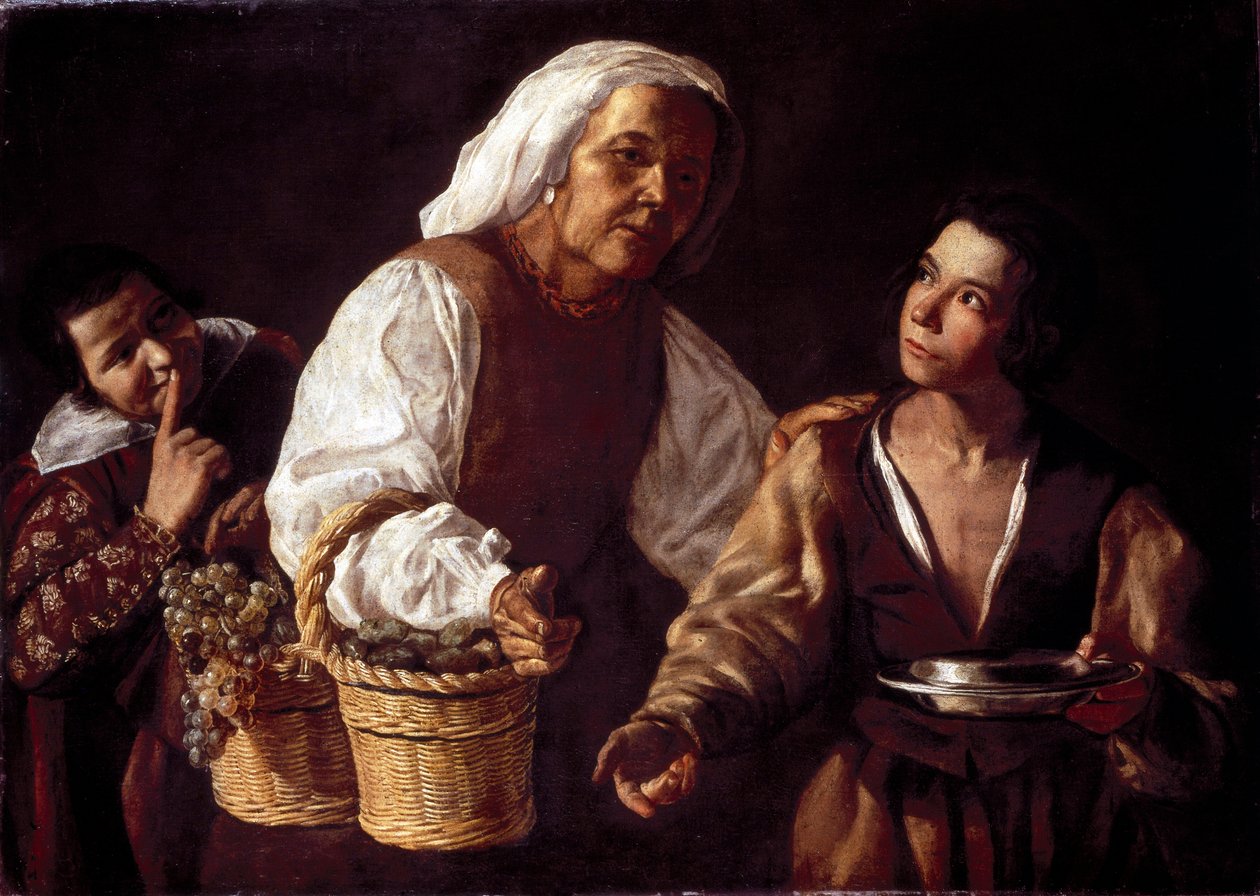 The Two Boys and the Old Fruit Woman eller the Old Fruit Seller (Two Boys and the Old Fruit Seller). Målning av Diego Rodriguez av Silva Velazquez (Velasquez av Diego Rodriguez de Silva y (attr. to) Velazquez
