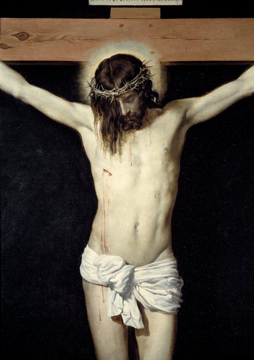 Kristus korsfäster detalj. Målning av Diego Rodriguez de Silva y Velasquez (1599-1660) av Diego Velázquez