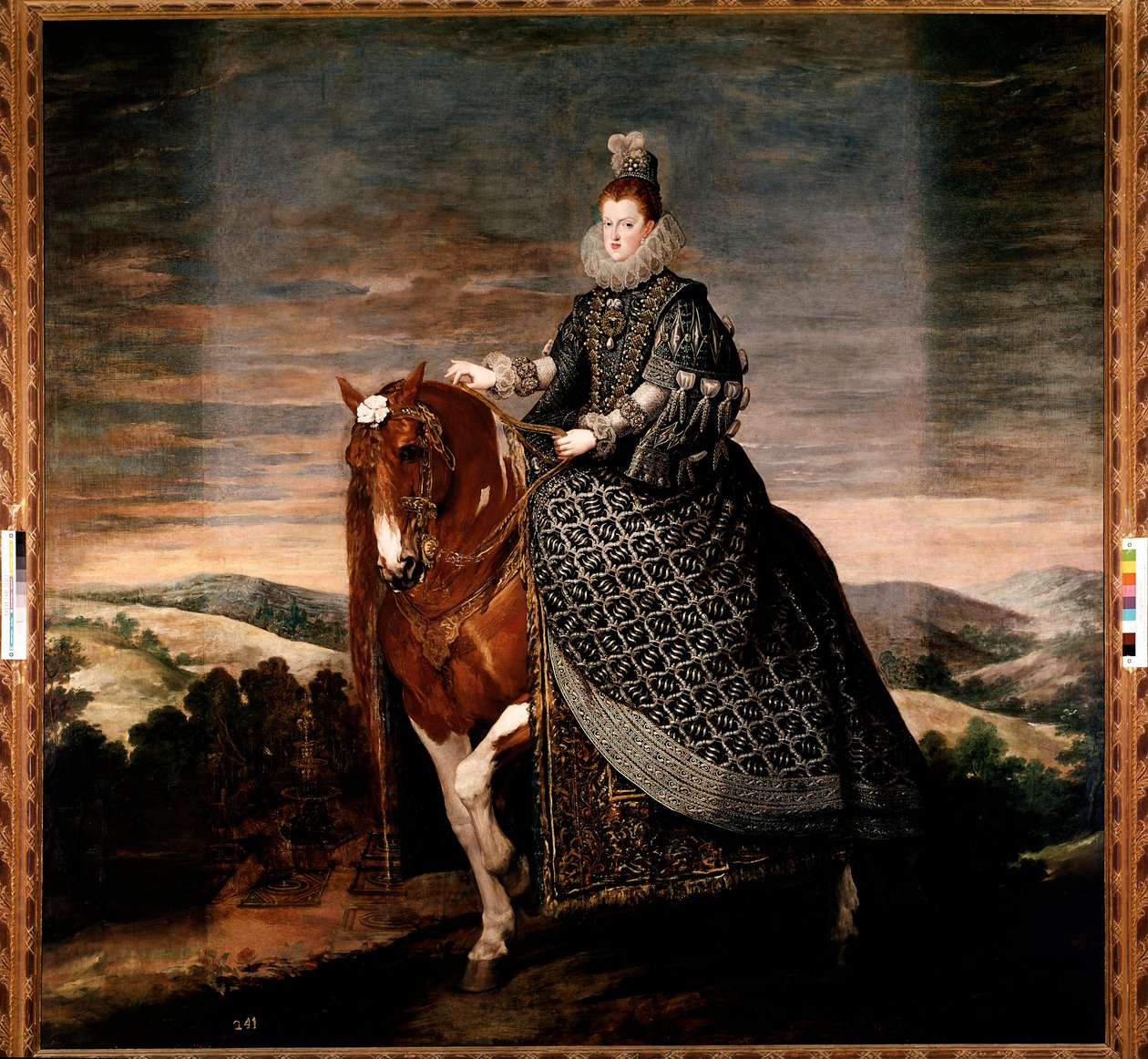 Ridsporträtt av drottning Margarita av Österrike (olja på duk av Diego Velázquez