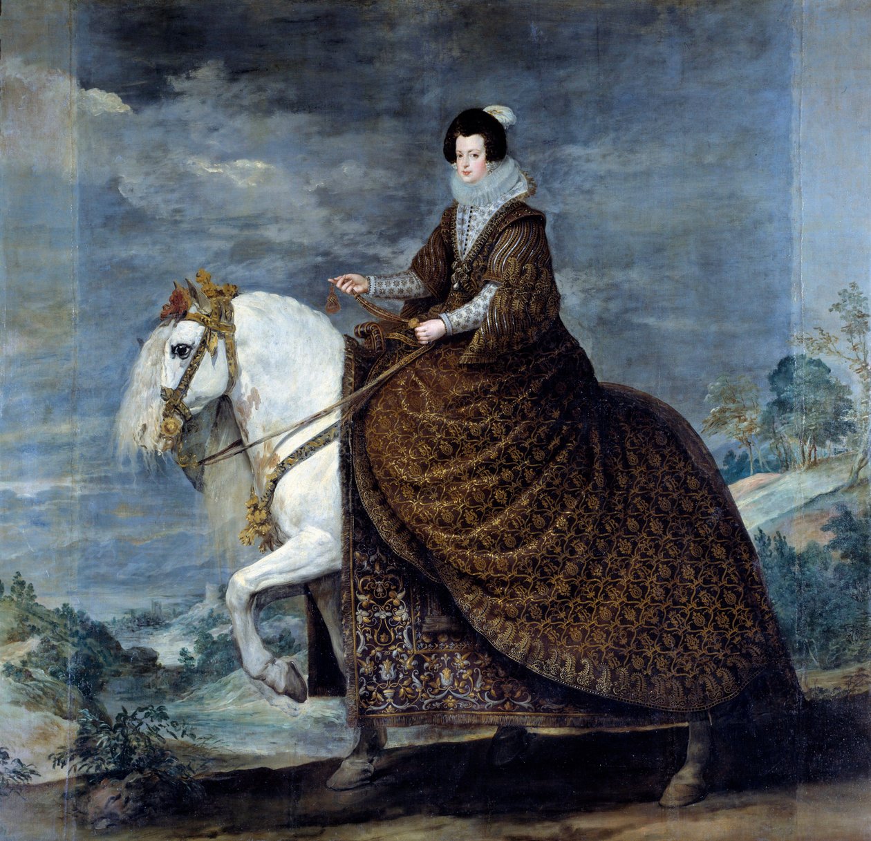 Ryttarporträtt av Elisabeth av Frankrike eller Isabelle av Bourbon (1602-1644), hustru till Filip IV av Spanien 1616 Målning av Diego Velasquez (1599-1660) 1635 Sön. 3,01x3,14 m Madrid, Musee du Prado - Ridsporträtt av Isabelle av Frankrike (1602-1644), av Diego Velázquez