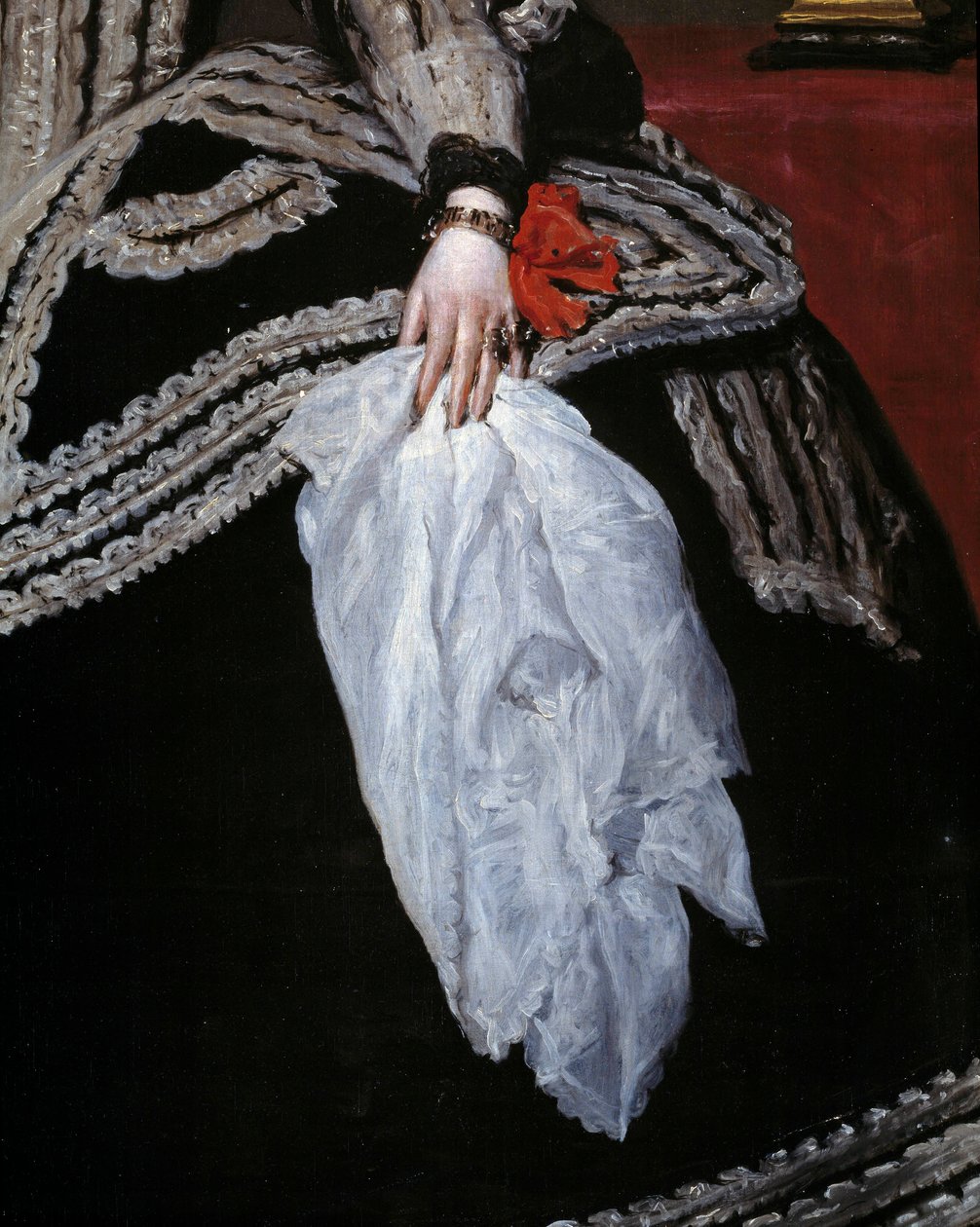 Hand och halsduk Detalj av porträttet av drottning Mary Anne (Marianne) av Österrike (1634-1696), hustru till Filip IV”” Målning av Diego velasquez (1599-1660) 1600-talet Madrid, Pradomuseet av Diego Velázquez