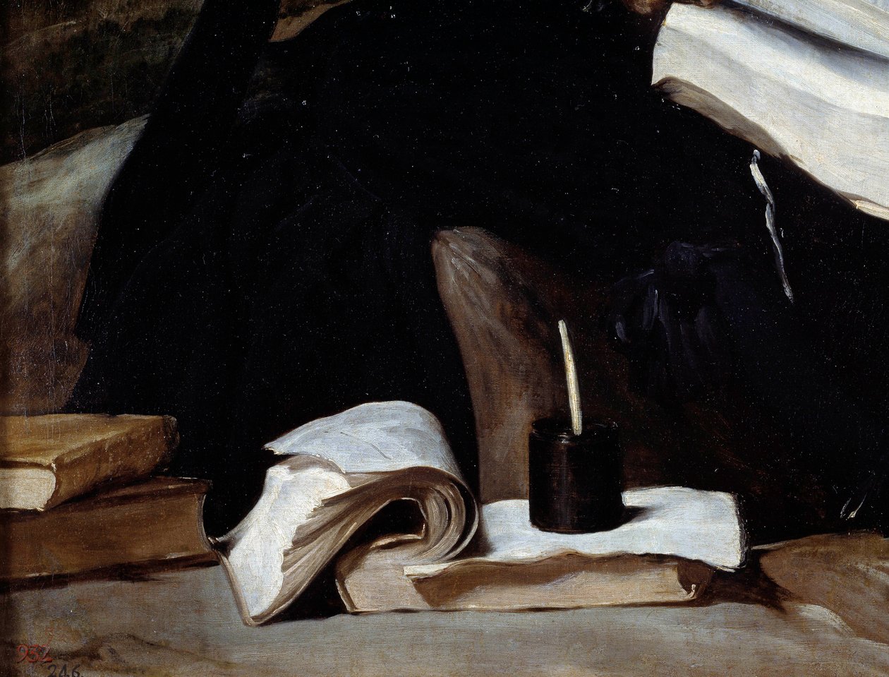 Porträtt av gycklaren Diego de Acedo, detalj. Böcker. Målning av Diego Rodriguez de Silva och Velasquez (1599-1660) av Diego Velázquez