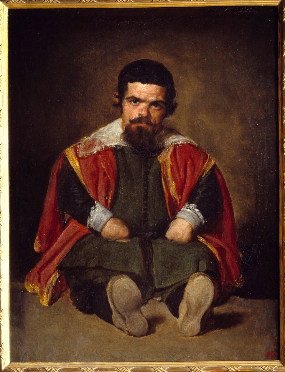 Porträtt av gycklaren Sebastien De Morra Dwarf sittande domstol. Målning av Diego Velasquez (1599-1660) cirka 1645, sön. 1,06x0,81 m Madrid Musee du Prado - Porträtt av gycklaren Sebastien de Morra - Court dvärg - sittande. Målning av Diego Velazquez (elle av Diego Velázquez