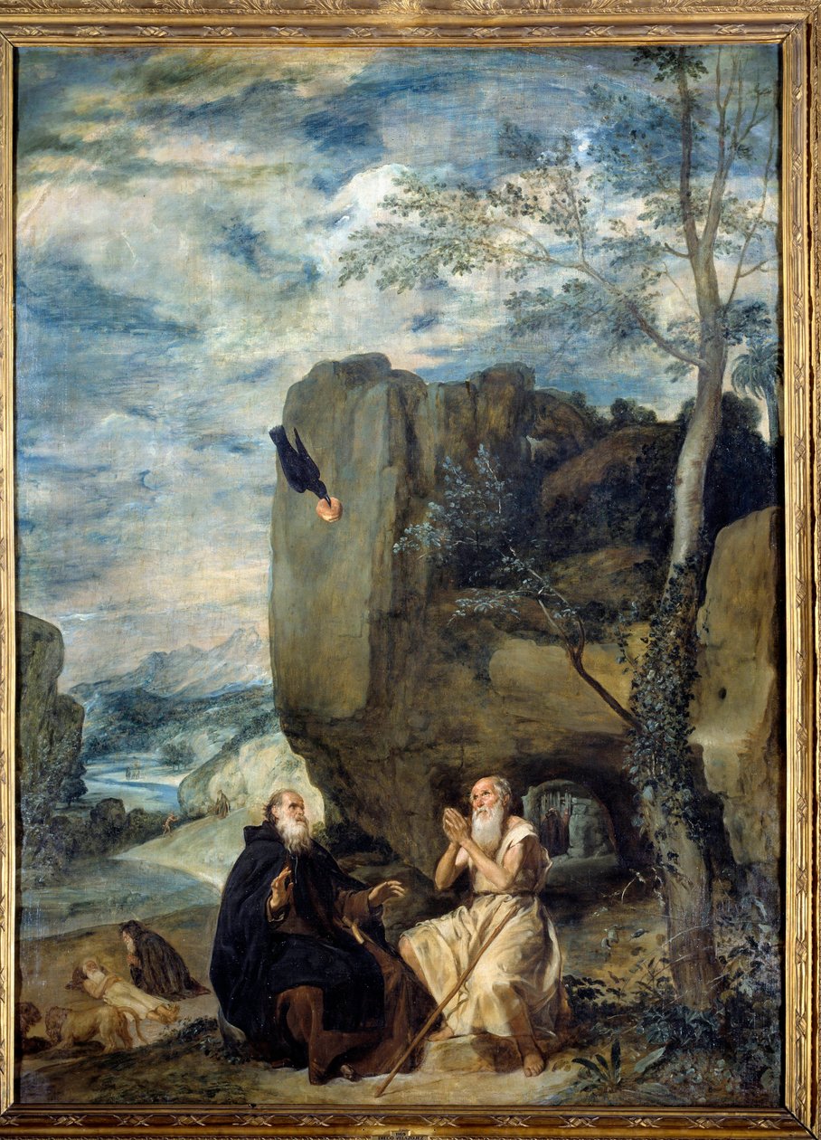 Saint Anthony the Great (eller Saint Anthony the Eremit eller Saint Anthony the Abbe) och Saint Paul Eremit. Målning av Diego Rodriguez de Silva y Velasquez (1599-1660), cirka 1635. Olja på duk. Mått: 2,57 X 1,88 m. Madrid, Musee Du Prado av Diego Velázquez
