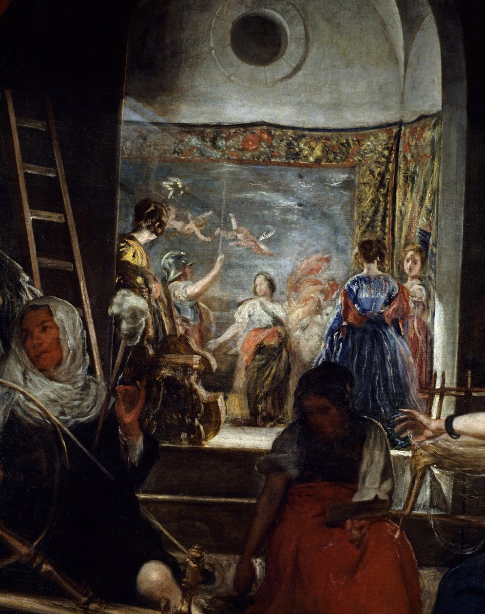 Spinnarna eller Arachne Detail-fabeln. Målning av Diego Rodriguez de Silva y Velasquez (1599-1660), cirka 1655-1660, sön. 2,2x2,89 m Madrid, Musee du Prado av Diego Velázquez