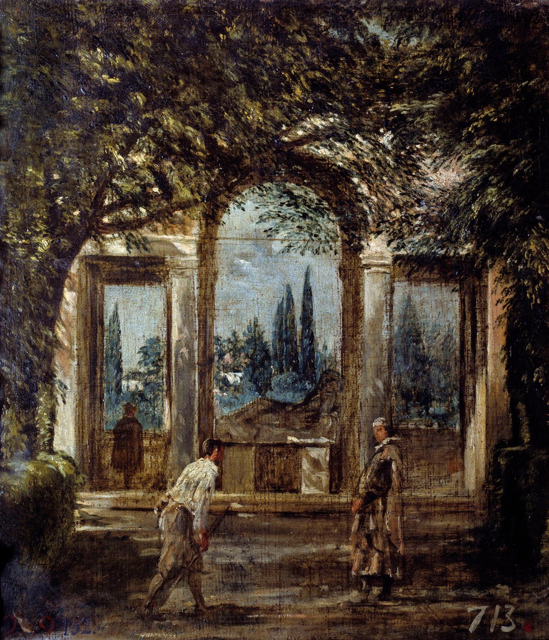 Villa Medicis i Rom, Cleopatra Pavilion eller “The Pavilion of Ariane””. Utsikt över trädgårdarna i Villa Medicis i Rom. Målning av Diego Rodriguez de Silva och Velasquez (1599-1660) av Diego Velázquez