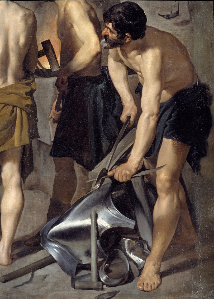 Vulcans smedja, detalj. En av smeden arbetar med rustningar. Målning av Diego Velasquez (1599-1660) 1630 Sön. 2,23x2,90 m Madrid, Pradomuseet av Diego Velázquez
