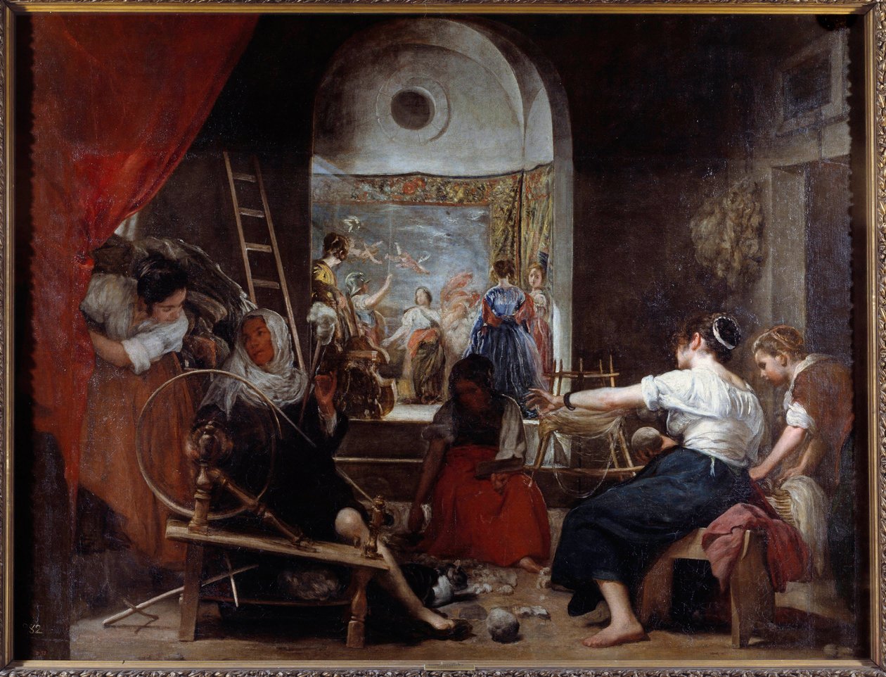 spinnarna eller fabeln om Arachne-målningen av Diego Rodriguez de Silva y Velasquez (1599-1660), ca. 1653. Sön. 2,2x2,89 m Madrid, Musee du Prado - Spinnarna eller Fabeln om Arachne. Målning av Diego Rodriguez de Silva y Velazquez (Velasquez av Diego Velázquez