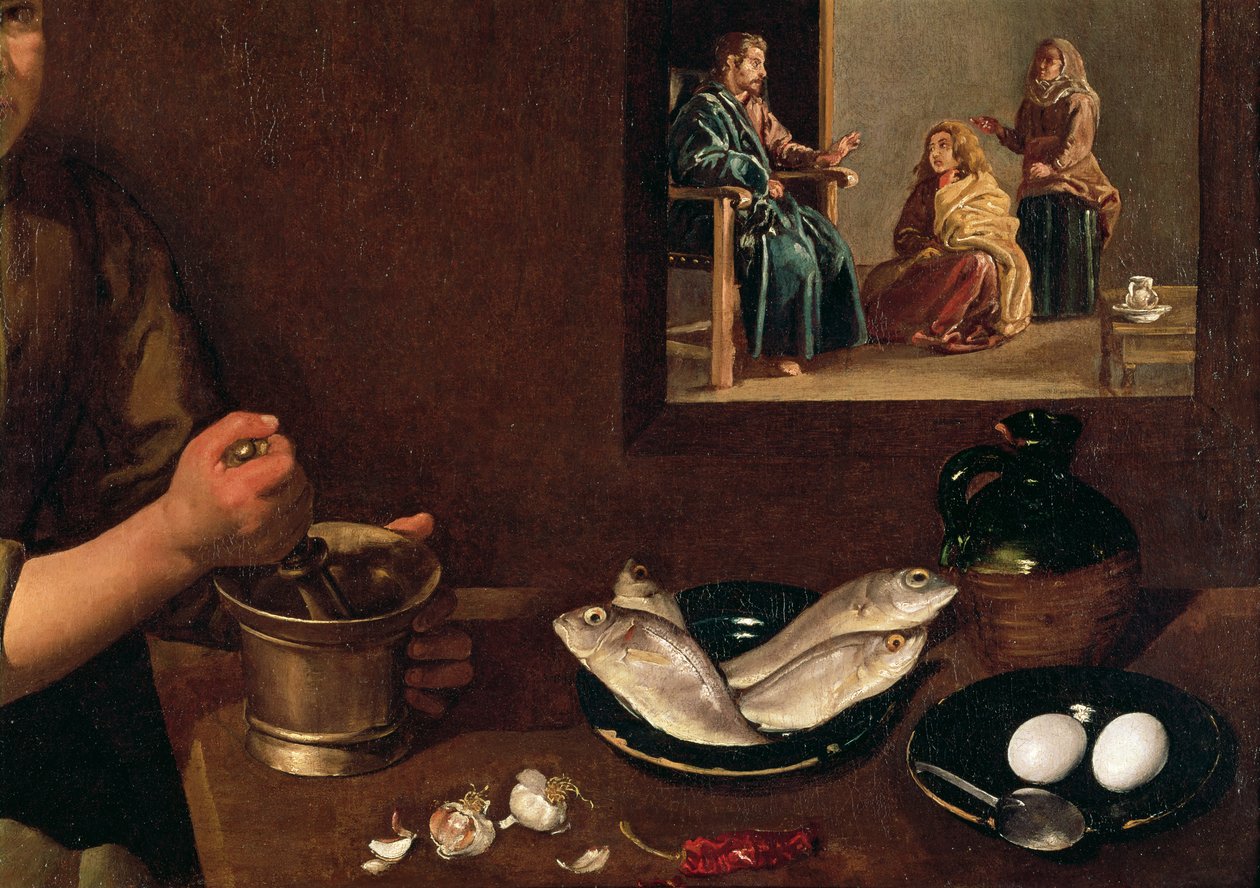 Köksscen med Kristus i Marthas och Marias hus (detalj av Mat på bordet med Kristus, Martha och Maria i bakgrunden, se 99423), ca 1618 av Diego Velázquez