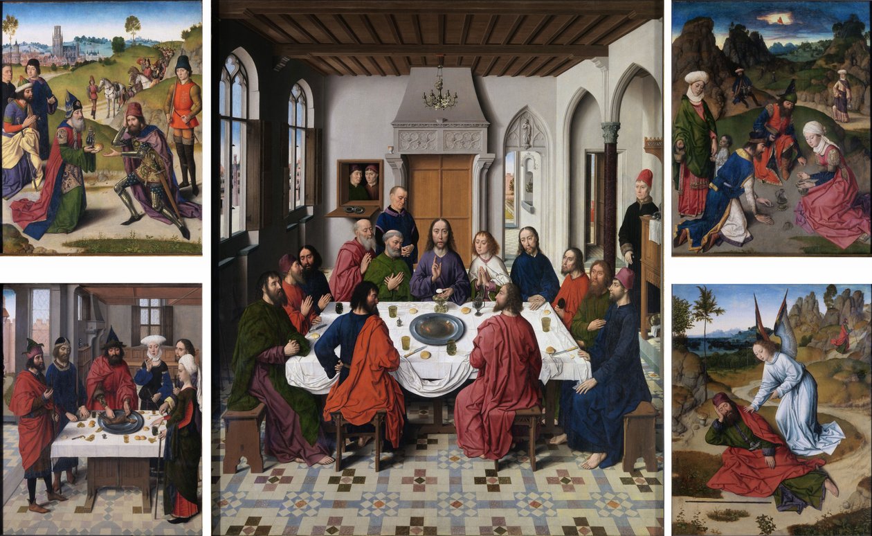 Insamlingen av manna och påsken (höger vänster), Den sista måltiden (mitten), Mötet mellan Abraham och Melkisedek och Elias som väcktes av ängeln (1 Kungaboken 19:5-6) (höger höger) av Dieric Bouts