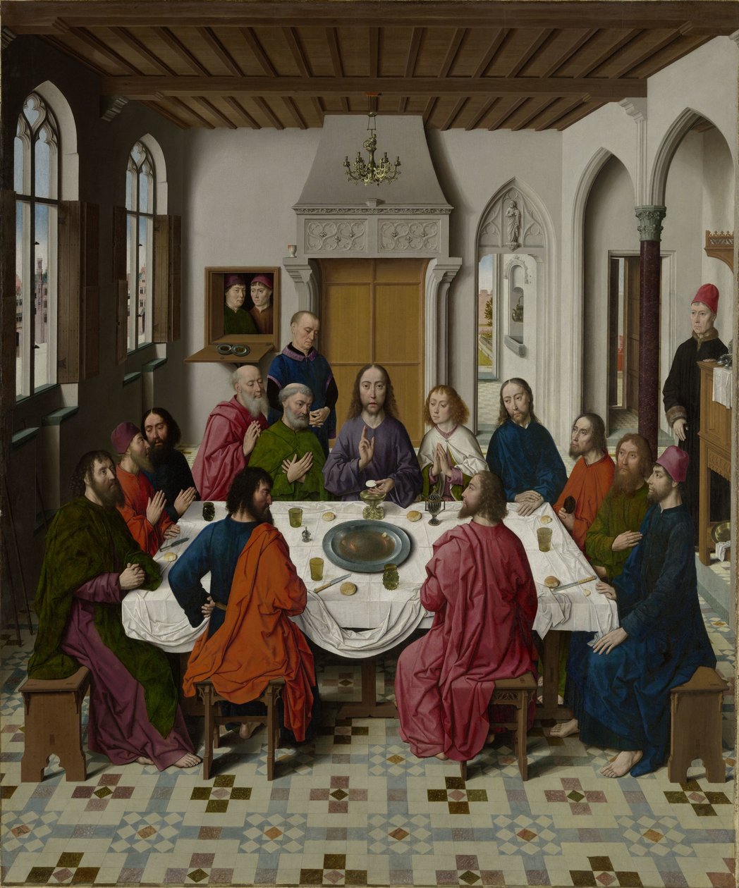 Insamlingen av manna och påsken (höger vänster), Den sista måltiden (mitten), Mötet mellan Abraham och Melkisedek och Elias som väcktes av ängeln (1 Kungaboken 19:5-6) (höger höger) av Dieric Bouts