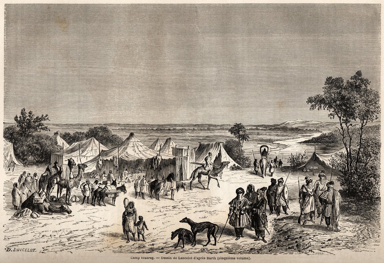 Ett Touaregläger, teckning av Lancelot, för att illustrera Dr Henri Barths resa 1849-1855 till Afrikas centrum. Gravyr i "" Le tour du monde, nouveau journal des voyages"" Paris av Dieudonne Auguste Lancelot