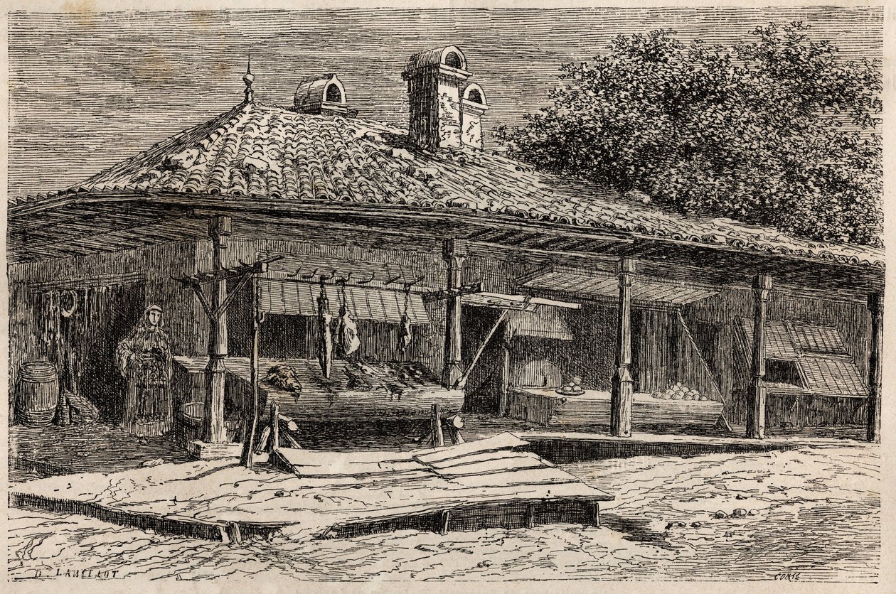 En slaktare och ett bageri i Bukarest (Rumänien). Gravyr för att illustrera resan från Paris till Bukarest av Lancelot, designer, 1860, i "Le tour du monde, nouveau journal des voyages", publicerad under ledning av Edouard Charton av Dieudonne Auguste Lancelot