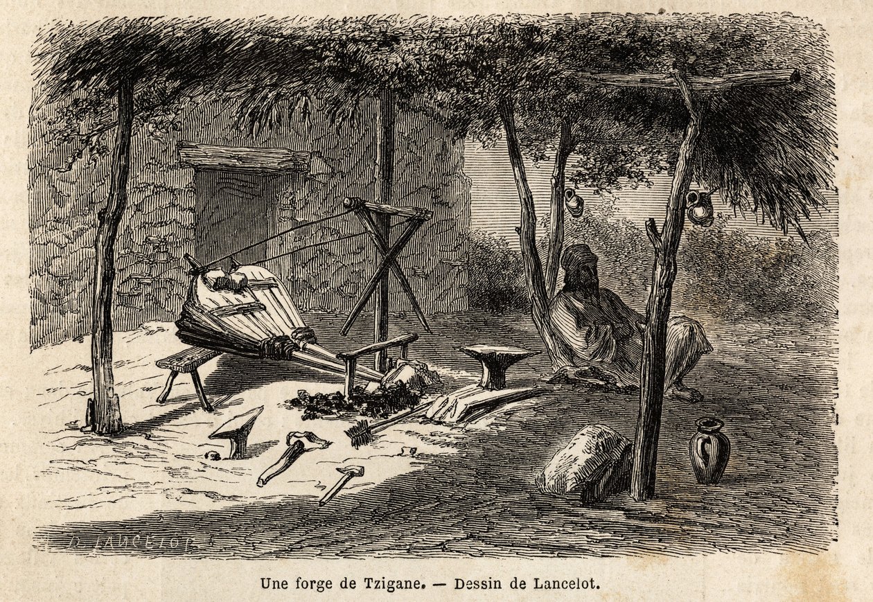 En zigenarsmedja i regionen Walachia, Rumänien. Gravyr för att illustrera resan från Paris till Bukarest, av Lancelot, ritare, 1860, publicerad i "Le tour du monde, nouveau journal des voyages", under ledning av Edouard Charton av Dieudonne Auguste Lancelot