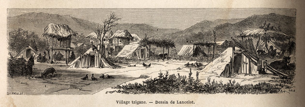 En zigenareby. Gravyr för att illustrera resan från Paris till Bukarest, av Lancelot, ritare, 1860, publicerad i "Le tour du monde, nouveau journal des voyages", under ledning av Edouard Charton av Dieudonne Auguste Lancelot