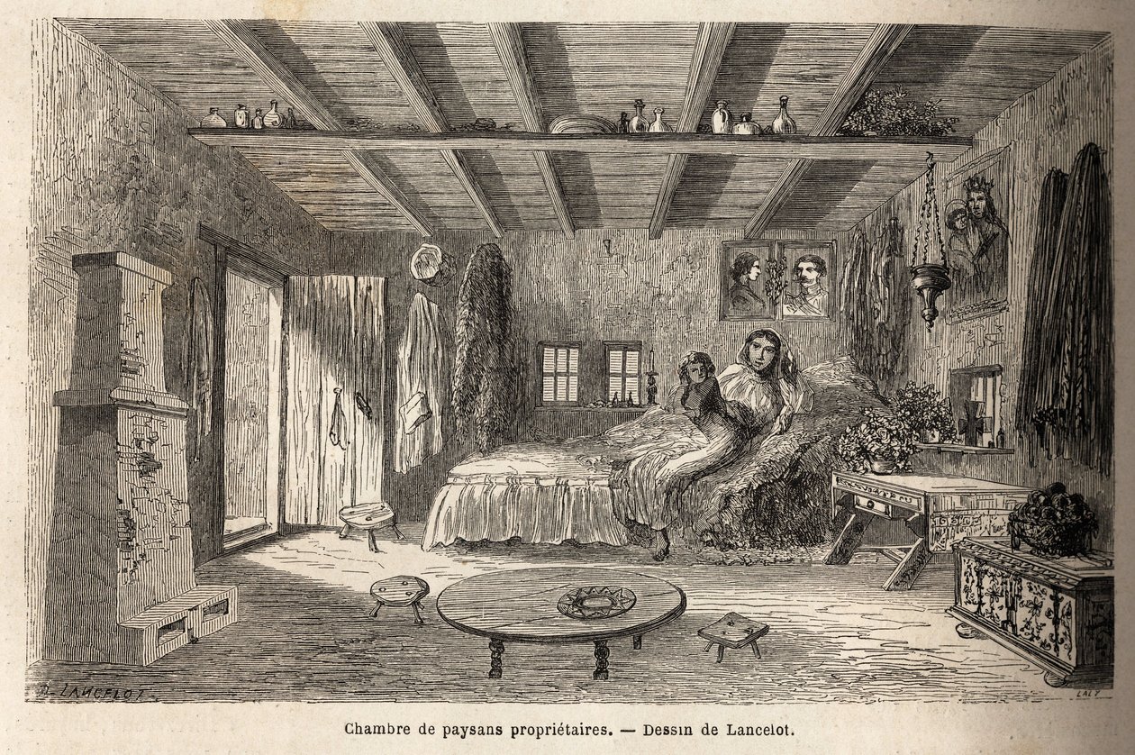 Ett hus för ägarbönder, i närheten av Orezu (Walachia-regionen, Rumänien). Gravyr för att illustrera resan från Paris till Bukarest, av Lancelot, ritare, 1860, publicerad i "Le tour du monde, nouveau journal des voyages", under ledning av o av Dieudonne Auguste Lancelot
