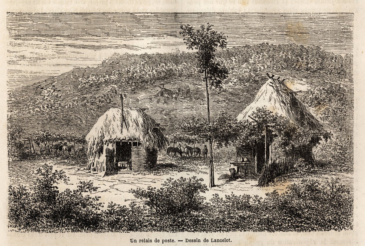 En postrelä mellan Bukarest och Pitesti. Gravyr för att illustrera resan från Paris till Bukarest (Rumänien), 1860, av Lancelot, designer, i "Le tour du monde, nouveau journal des voyages", publicerad under ledning av Edouard Charton av Dieudonne Auguste Lancelot
