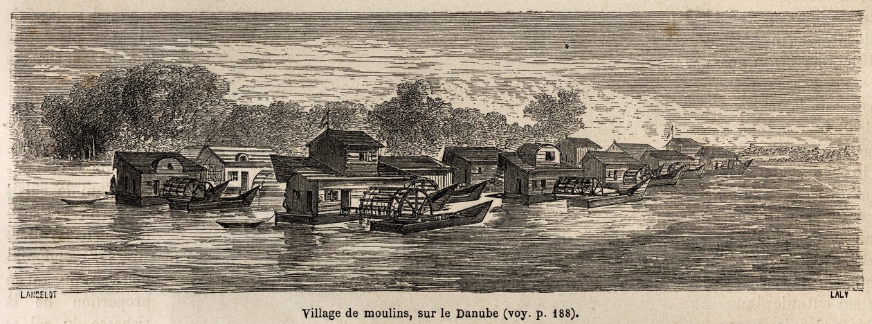 En by med kvarnar vid Donau, teckning av Lancelot, för att illustrera Victor Duruys resa från Paris till Bukarest 1860. Gravyr i "" Le tour du monde", redigerad av Edouard Charton av Dieudonne Auguste Lancelot
