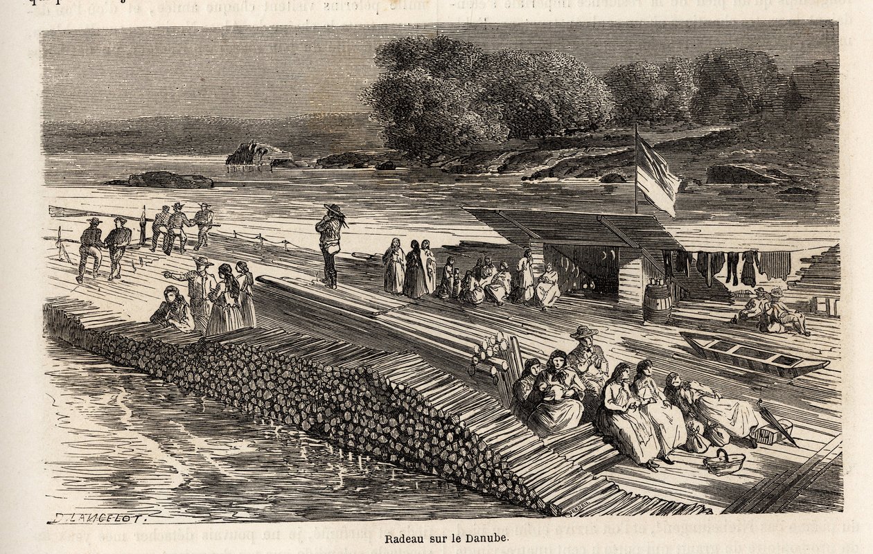En träflotte på Donau, för transport av varor och människor, teckning av Lancelot, för att illustrera Victor Duruys resa från Paris till Bukarest 1860. Gravyr i "" Le tour du monde", redigerad av Edouard Charton av Dieudonne Auguste Lancelot