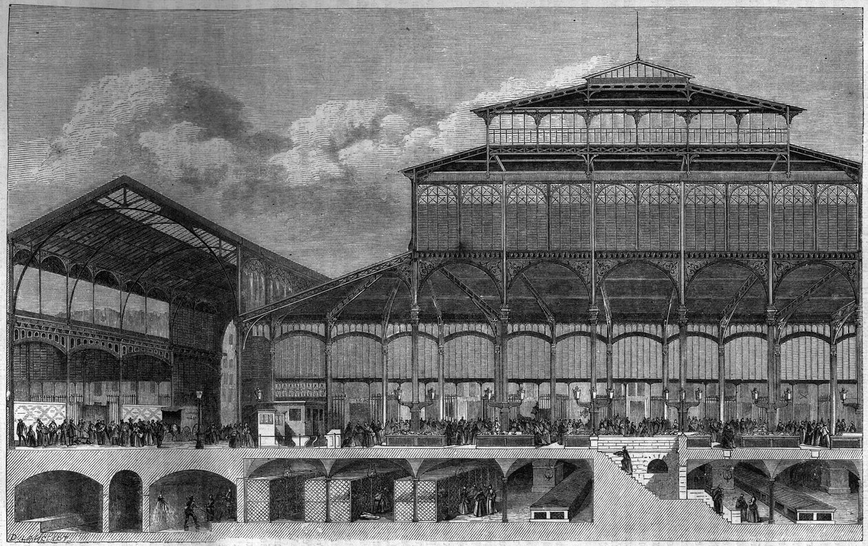 Tvärsnitt av Halles de Paris 1862. Gravyr av Lancelot i "" Le Magasin pittoreska"" av Dieudonne Auguste Lancelot