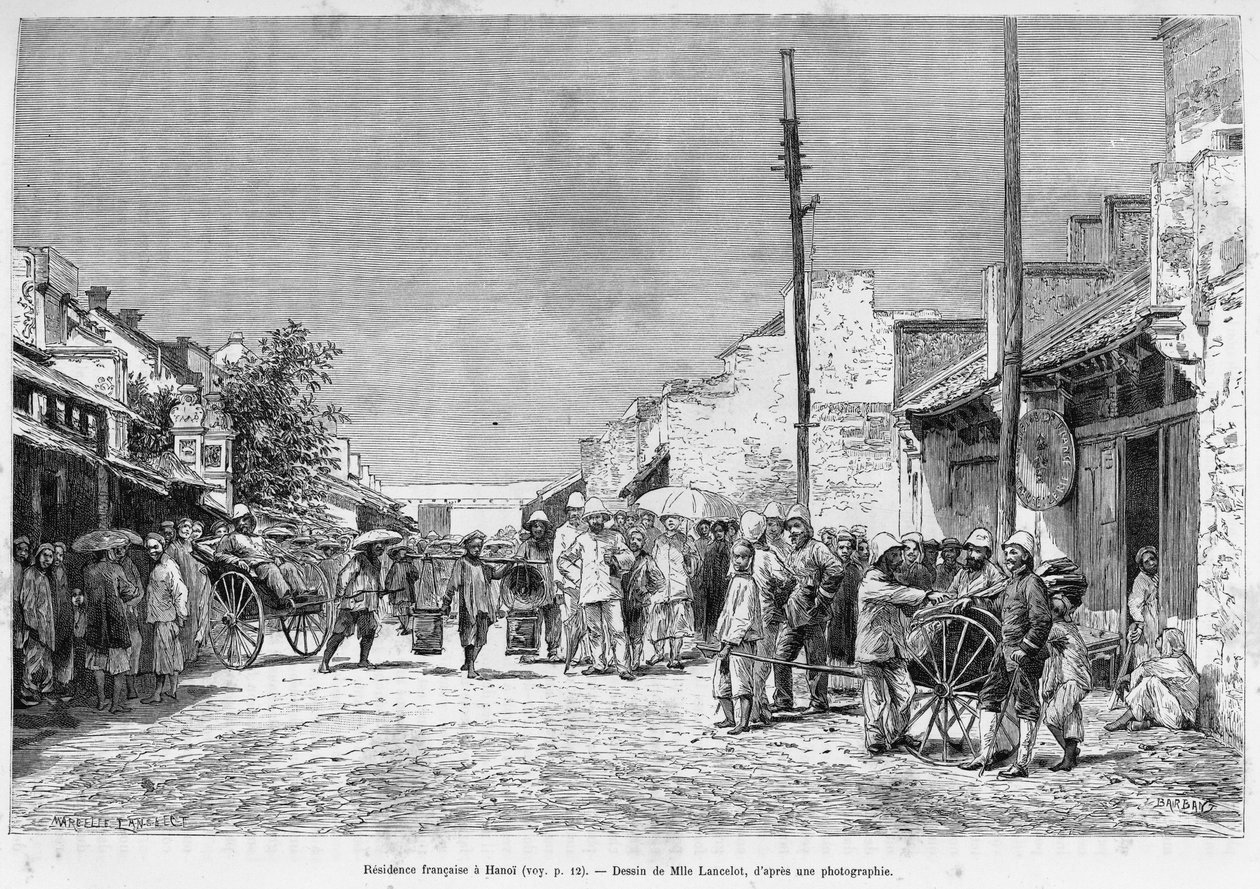 Franskt residens i Hanoi. Gravyr av Lancelot, efter ett fotografi, för att illustrera historien Trente mois au Tonkin 1884, av Doctor Hocquard, i le tour du monde 1889, regisserad av Edouard Charton (1807-1890), Hachette, Paris. av Dieudonne Auguste Lancelot