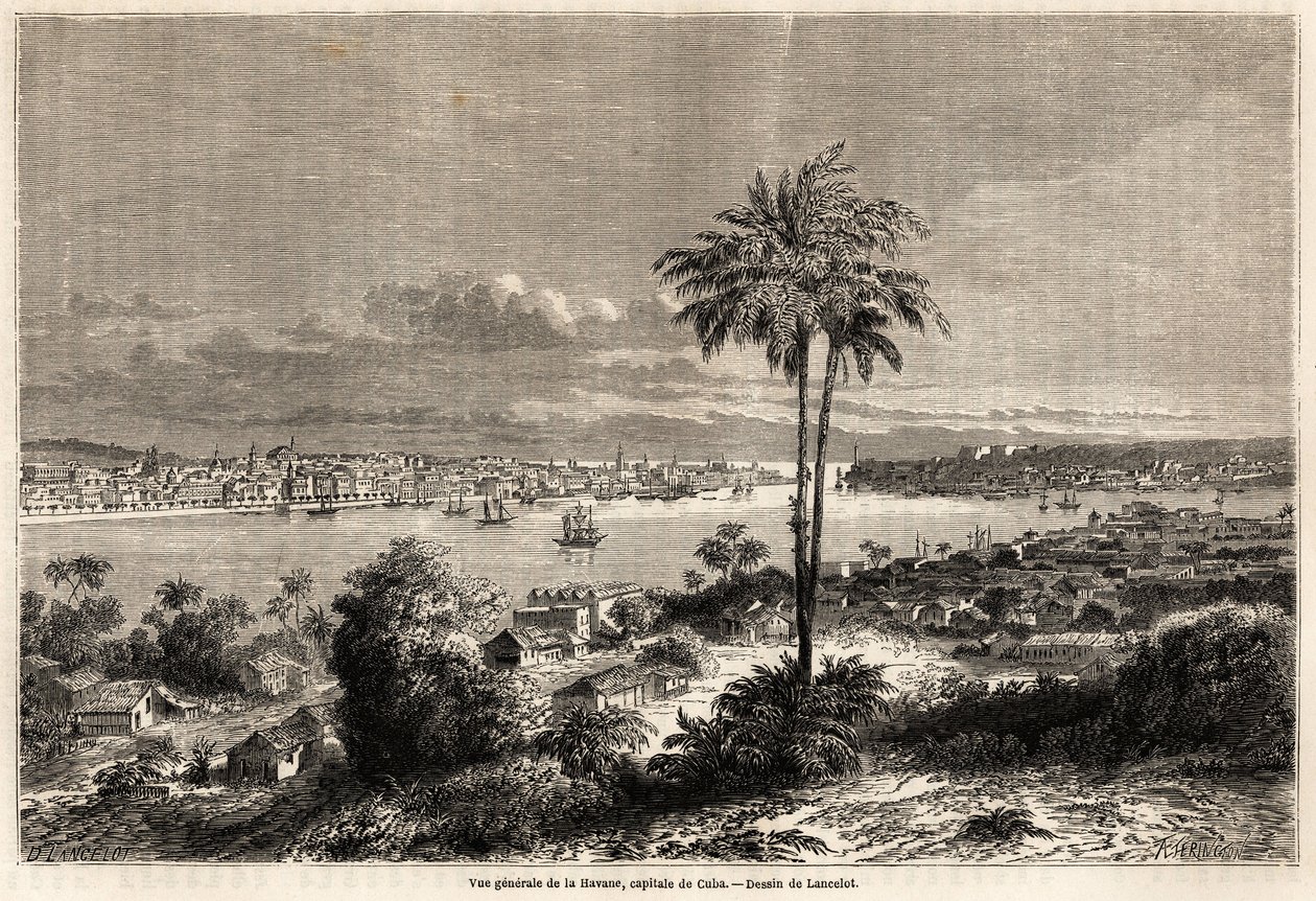 Översikt över Havanna, Kubas huvudstad, teckning av Lancelot för att illustrera resan till ön Kuba, 1859, av Richard Dana (1815-1882). Gravyr i "" Le tour du monde, nouveau journal des voyages"" Paris av Dieudonne Auguste Lancelot