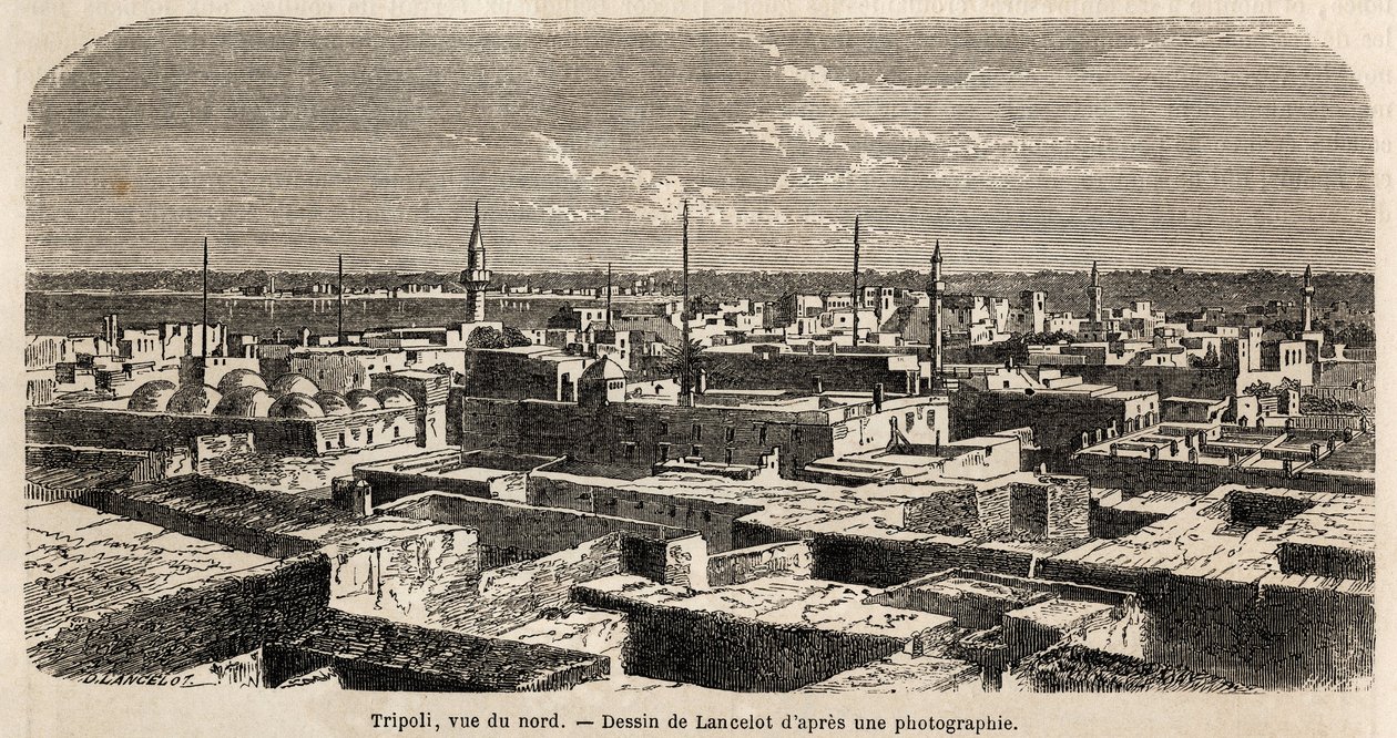 Allmän bild av Tripoli, teckning av Lancelot, för att illustrera baron de Kraffts tripolitanska promenader 1860. Gravyr i ”” Le tour du monde”” 1861. Selvas samling. av Dieudonne Auguste Lancelot