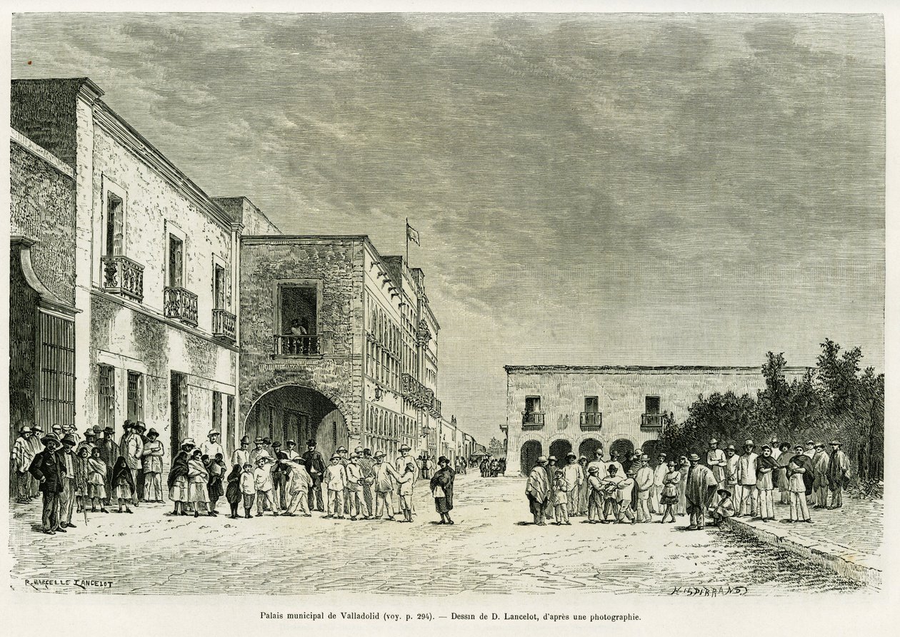 Valladolids kommunala palats. Gravyr av Lancelot för att illustrera berättelsen Ma last expedition au Yucatan, av Desire Charnay, i le tour du monde 1887, regisserad av Edouard Charton (1807-1890), Hachette, Paris. av Dieudonne Auguste Lancelot