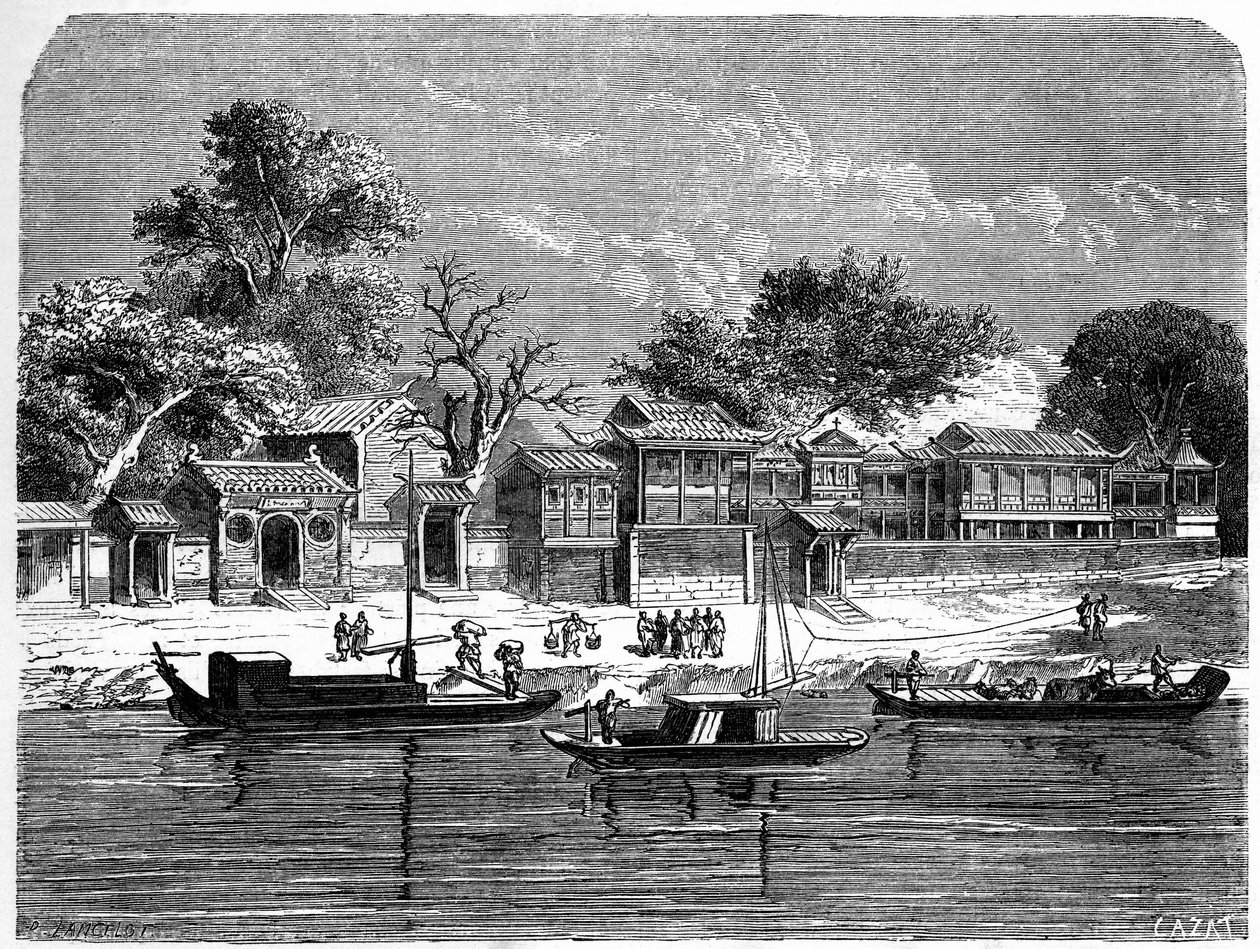 Palace designat för de franska missionärerna i Tien Tsin (Tien-Tsin, Tianjin), Kina. Gravyr av Lancelot, i "" Le Tour du Monde, Nouveau journal des Voyages", redigerad av Edouard Charton, Paris av Dieudonne Auguste Lancelot