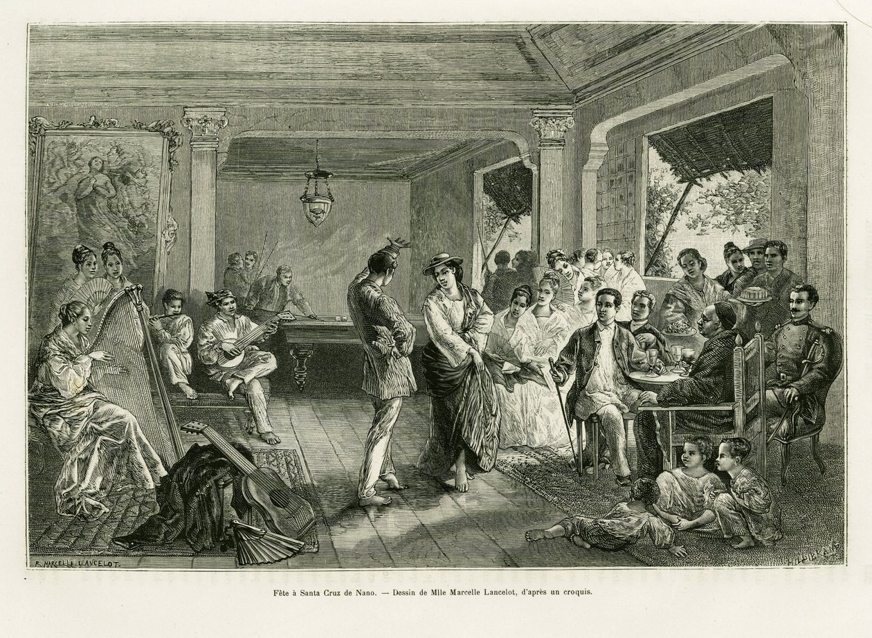 Festa en Santa Cruz de Nano. Gravyr av Lancelot för att illustrera berättelsen Lucon och Palaouan, sex år i Filippinerna, av Alfred Marche (1844-1898), i le tour du monde 1886, regisserad av Edouard Charton (1807-1890), Hachette, Paris. av Dieudonne Auguste Lancelot