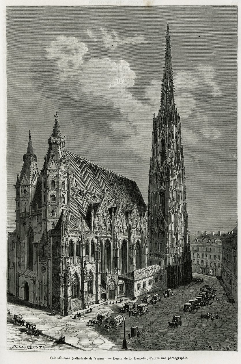 St. Stefans katedral (St. Stephen eller Stephansdom eller St. Stephane eller St. Stephan Kirche) (byggd mellan 1113 och 1147), Wien (Österrike). Gravyr av Lancelot, för att illustrera historien Vienne och dess förorter, av M. Newlinski, 1881, publicerad i  av Dieudonne Auguste Lancelot