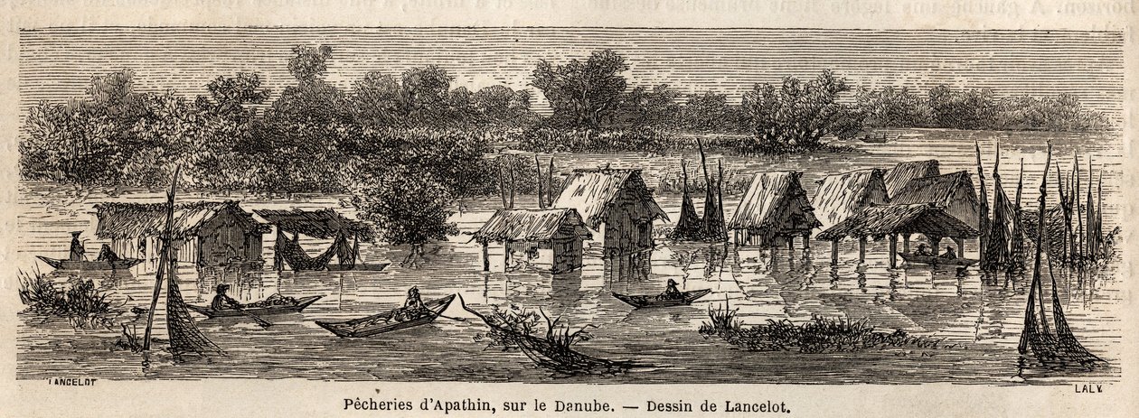 Fisket i Apathin (Serbien), vid Donau. Teckning av Lancelot, för att illustrera hans resa från Paris till Bukarest 1860. Gravyr i "" Le tour du monde", redigerad av Edouard Charton av Dieudonne Auguste Lancelot