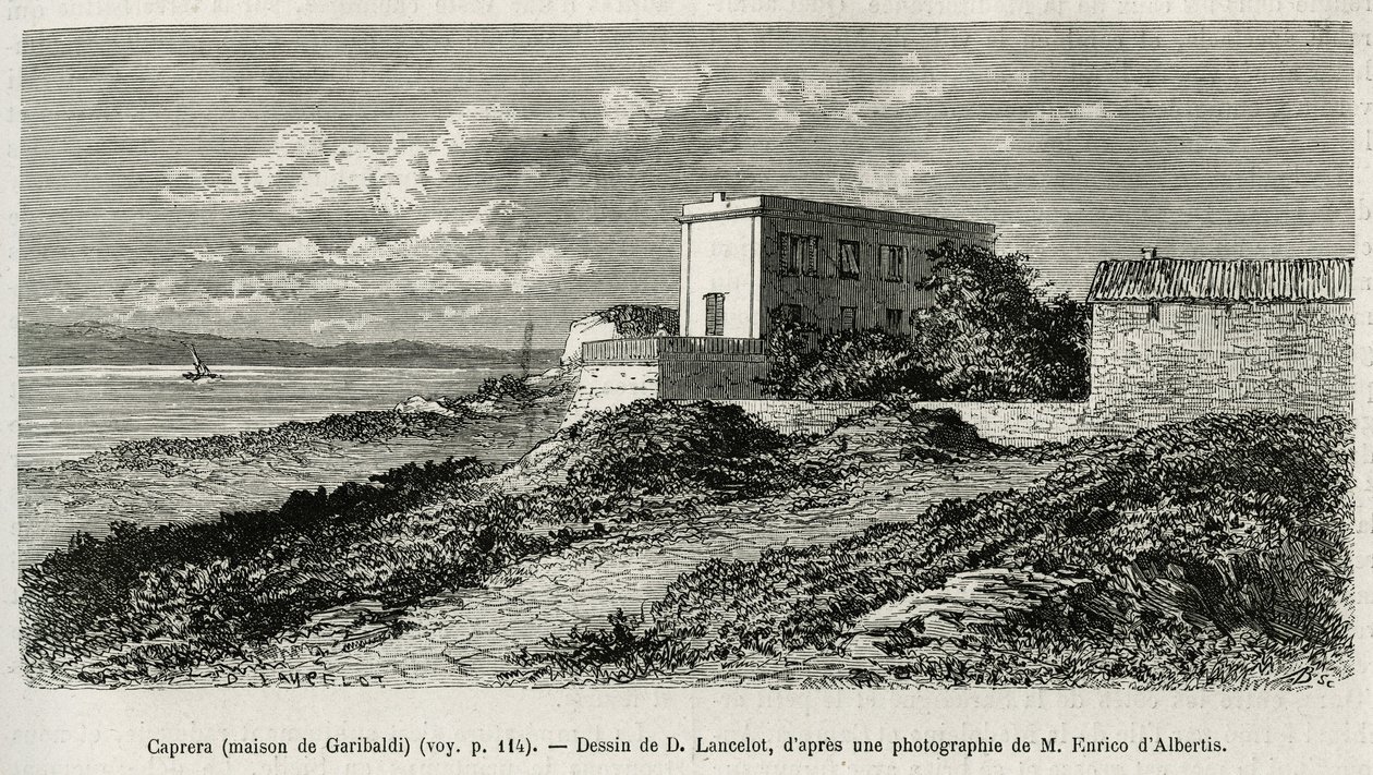 Giuseppe Garibaldis (1807-1882) hus i La Caprera (Sardinien), graverat efter en teckning av D. Lancelot, för att illustrera historien om Syrien idag, av Mr. Lortet, dekanus vid Medicinska fakulteten i Lyon, anklagad för ett vetenskapligt uppdrag av departe av Dieudonne Auguste Lancelot