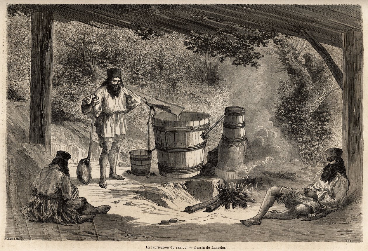 Tillverkning av rakiou, spannmålsalkohol, typ av snaps mycket vanlig i Rumänien. Gravyr för att illustrera resan från Paris till Bukarest, av Lancelot, ritare, 1860, publicerad i "Le tour du monde, nouveau journal des voyages", under direktivet av Dieudonne Auguste Lancelot