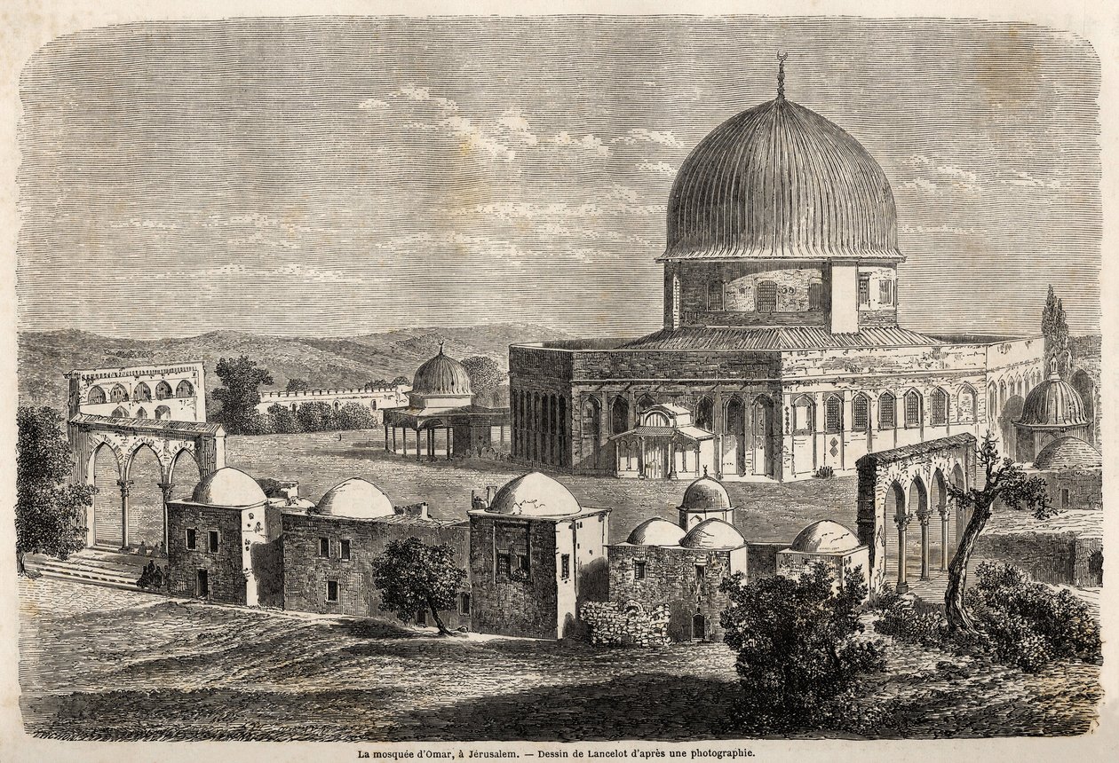 Omars moské, byggd 691 i Jerusalem, ritad av Lancelot, för att illustrera herr Bidas resa till Palestina 1856. Gravyr i "" Le tour du monde, nouveau journal des voyages"" Paris av Dieudonne Auguste Lancelot