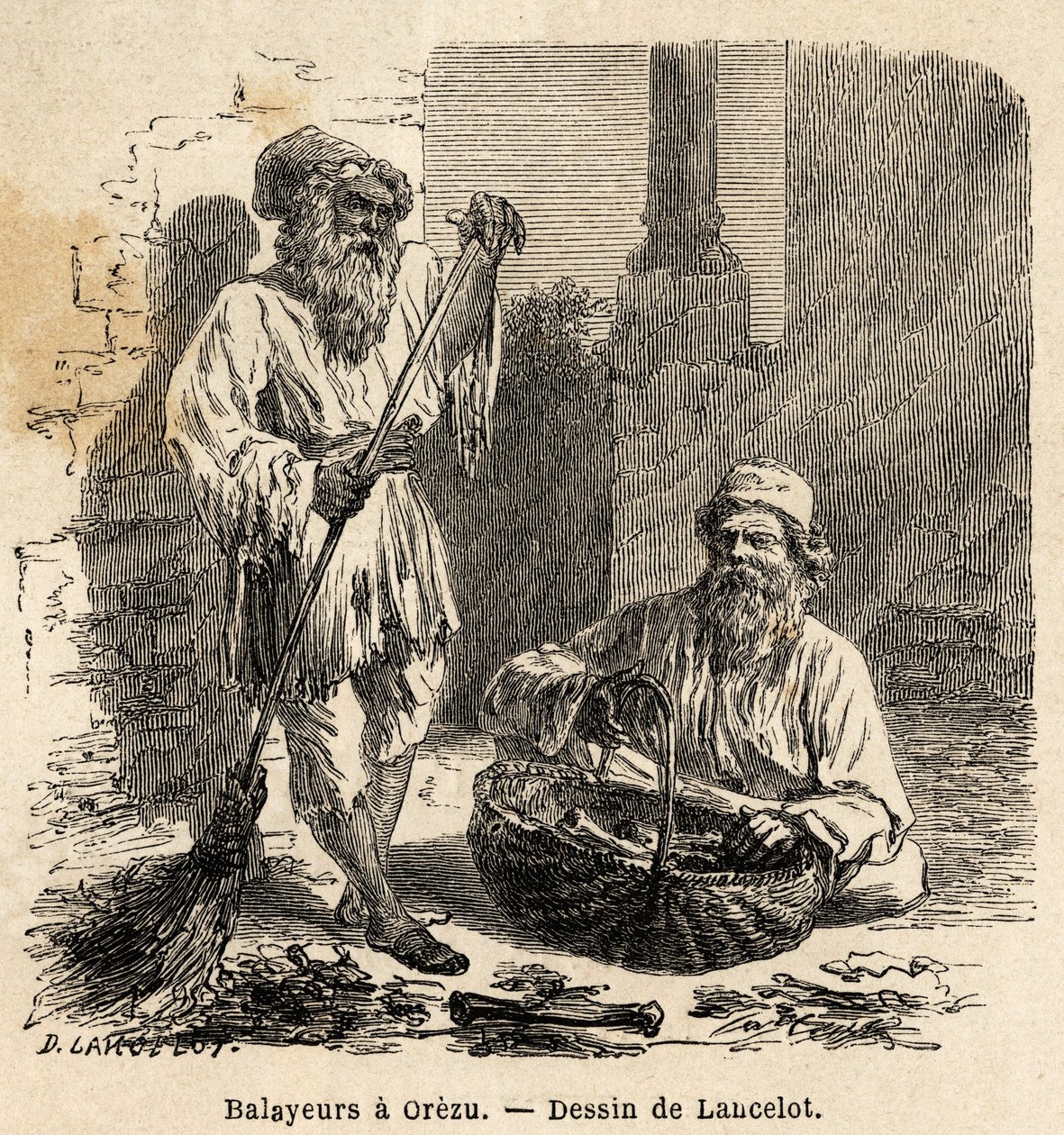 Sopmaskinerna i Orezu (Rumänien). Gravyr för att illustrera resan från Paris till Bukarest, av Lancelot, ritare, 1860, publicerad i "Le tour du monde, nouveau journal des voyages", under ledning av Edouard Charton av Dieudonne Auguste Lancelot