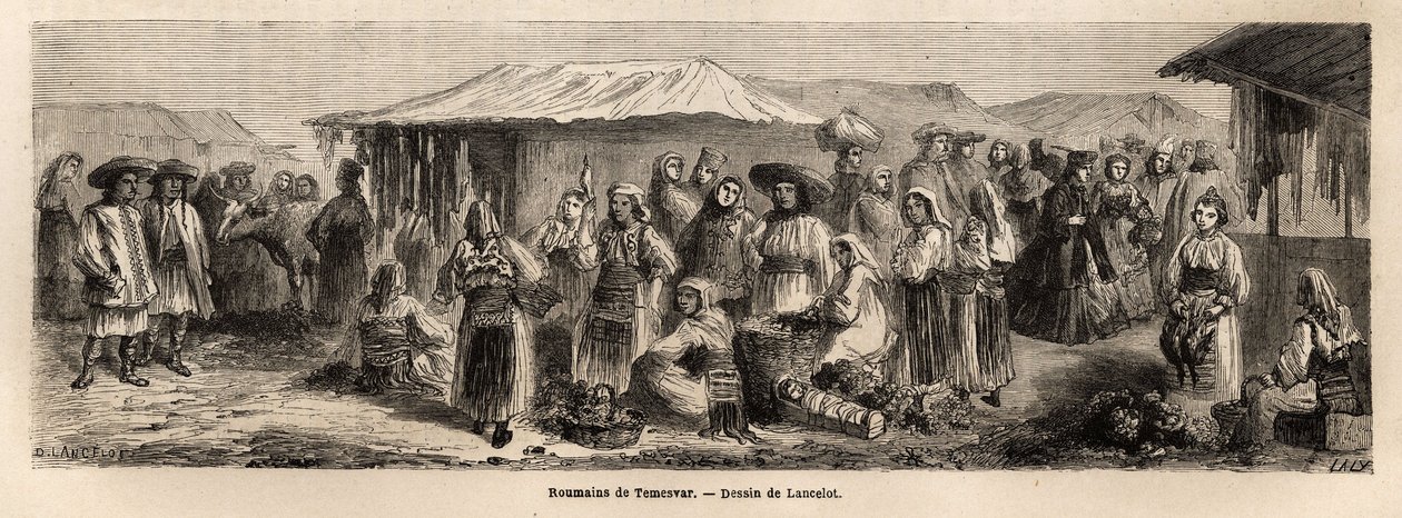 Den gående befolkningen i Tesmevar (eller Timisoara) i Rumänien. Gravyr för att illustrera resan från Paris till Bukarest, av Lancelot, ritare, 1860, publicerad i "Le tour du monde, nouveau journal des voyages", under ledning av Edouard Charton av Dieudonne Auguste Lancelot