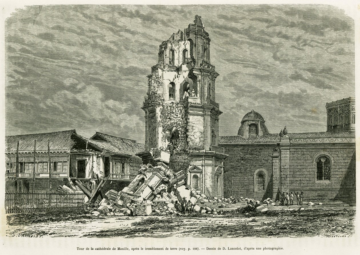 Tower of the Cathedrale of Manila, efter jordbävningen den 18 juli 1880. Gravyr av Lancelot för att illustrera historien Lucon och Palaouan, sex år i Filippinerna, av Alfred Marche av Dieudonne Auguste Lancelot
