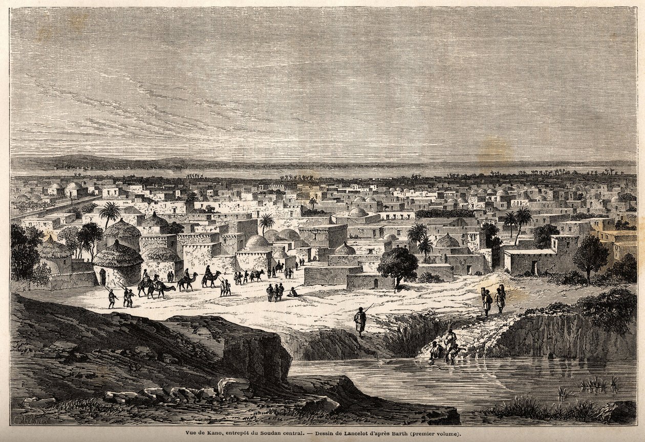 Utsikt över Kano (stad och delstat norr om nuvarande Nigeria), lager i centrala Sudan, teckning av Lancelot, för att illustrera resan 1849-1855, till Dr Henri Barths centrum av Afrika. Gravyr i "" Le tour du monde, nouveau journal des voyages"" av Dieudonne Auguste Lancelot