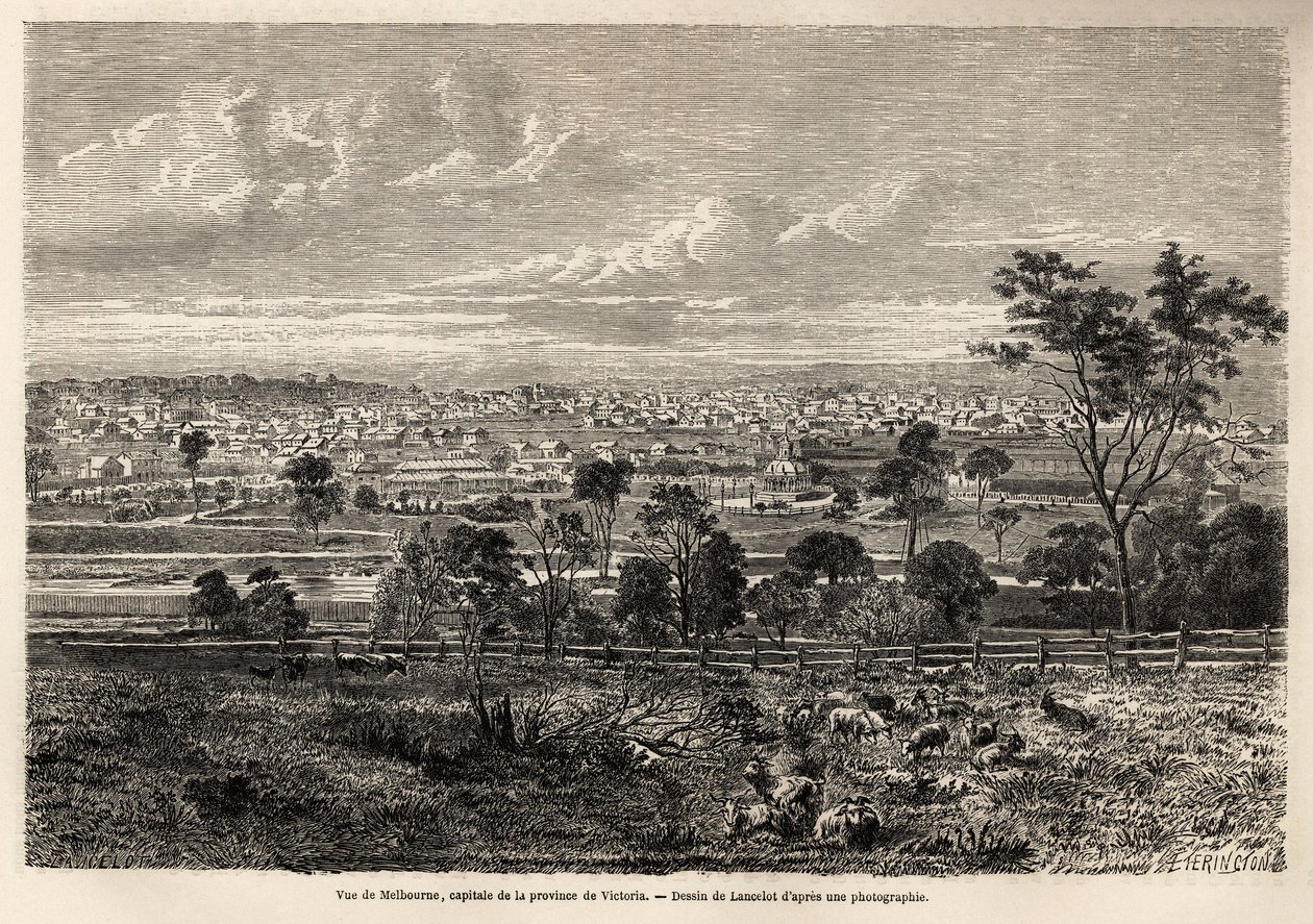 Vy över Melbourne (Australien), teckning av Lancelot, för att illustrera minnen av en fransk husockupant i Australien, 1854-1859, av M. de Castella. Gravyr i ”” Le tour du monde”” 1861. Selvas samling. av Dieudonne Auguste Lancelot