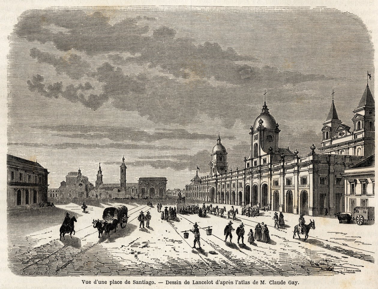 Utsikt över ett torg i Santiago (Chile), teckning av Lancelot, för att illustrera resan till Sydamerika, 1823, av Giovanni Mastai Ferretti (1792-1878, framtida Pius IX). Gravyr i "" Le tour du monde, nouveau journal des voyages"" Paris av Dieudonne Auguste Lancelot
