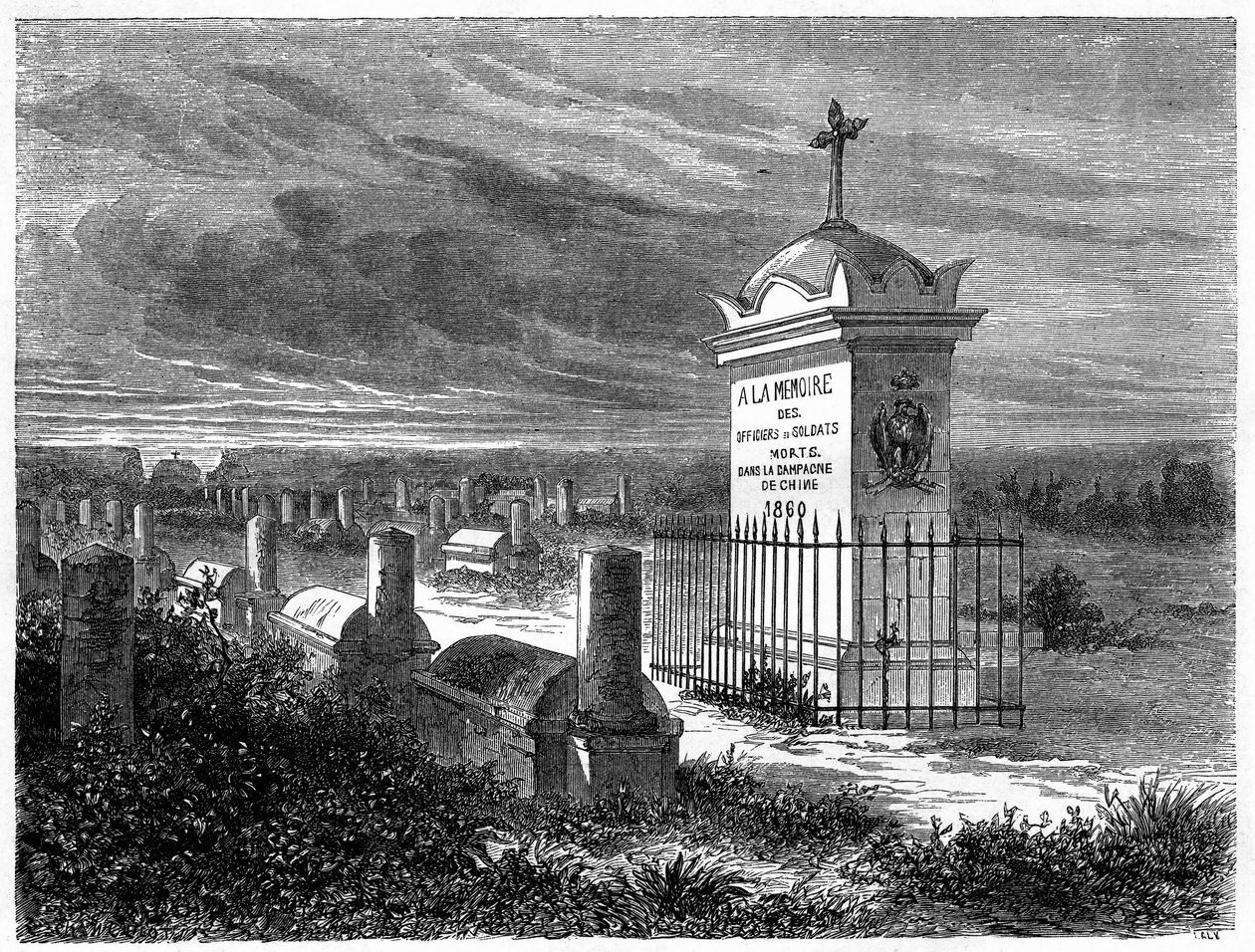 Utsikt över den franska kyrkogården i Pekin (Peking), Kina. Gravyr efter en teckning av Lancelot, i "" Le Tour du Monde, Nouveau journal des Voyages", redigerad av Edouard Charton, Paris av Dieudonne Auguste Lancelot