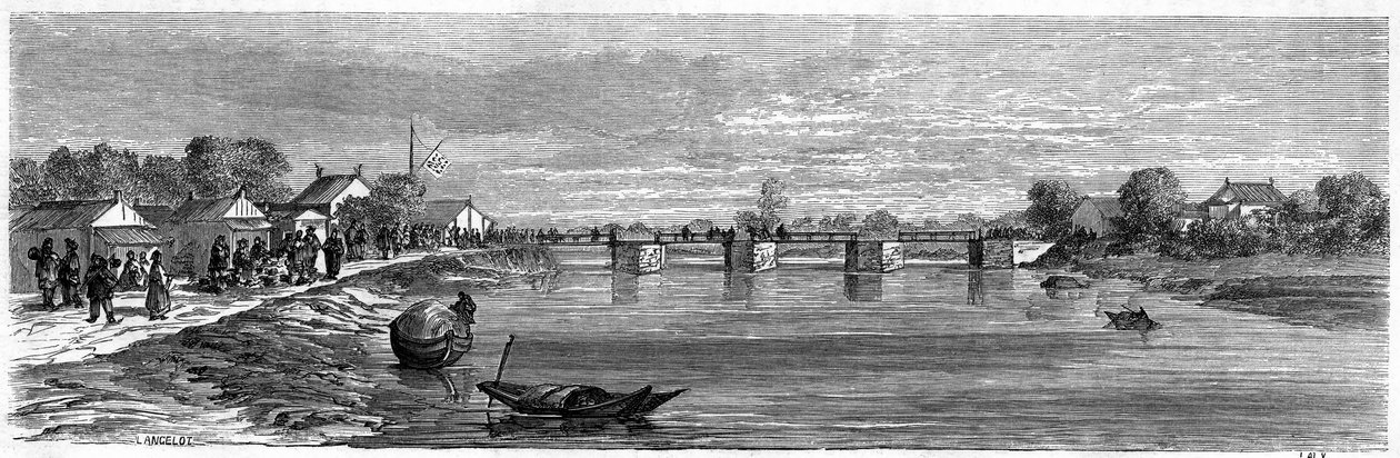 Vy över bron över Suzhoufloden nära Shanghai 1860, Kina. Gravyr av Lancelot, i "" Le Tour du Monde, Nouveau journal des Voyages", redigerad av Edouard Charton, Paris av Dieudonne Auguste Lancelot