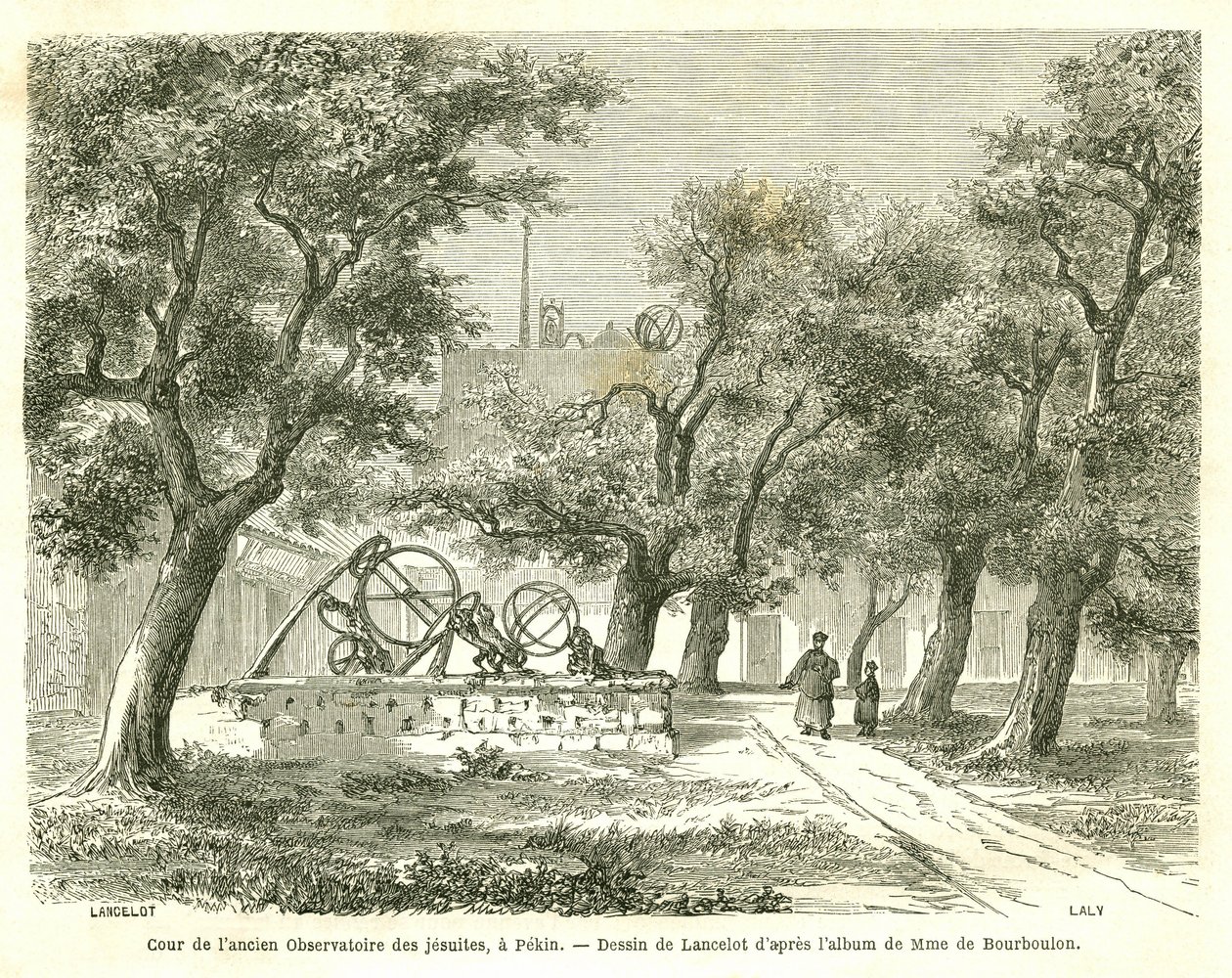 Utsikt över innergården till det före detta jesuitobservatoriet i Pekin (Peking), Kina. Gravyr av Lancelot, i "" Le Tour du Monde, Nouveau journal des Voyages", redigerad av Edouard Charton, Paris av Dieudonne Auguste Lancelot