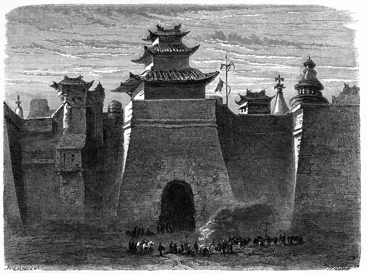 Pekins murar och port (Peking), Kina. Gravyr av Lancelot, i "" Le Tour du Monde, Nouveau journal des Voyages", redigerad av Edouard Charton, Paris av Dieudonne Auguste Lancelot